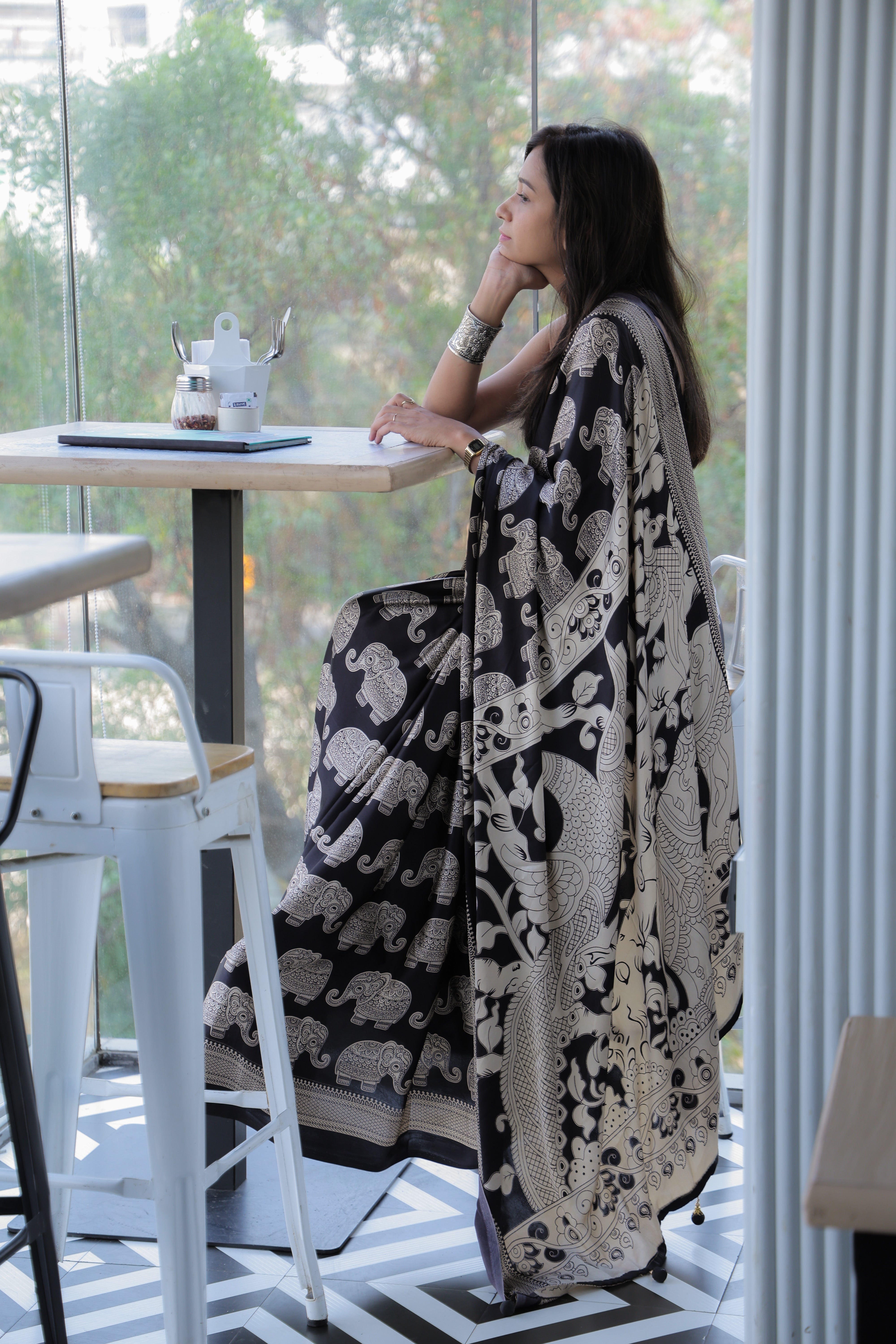 MySilkLove Neutral Black Ajrakh Printed Satin Crepe Silk Saree