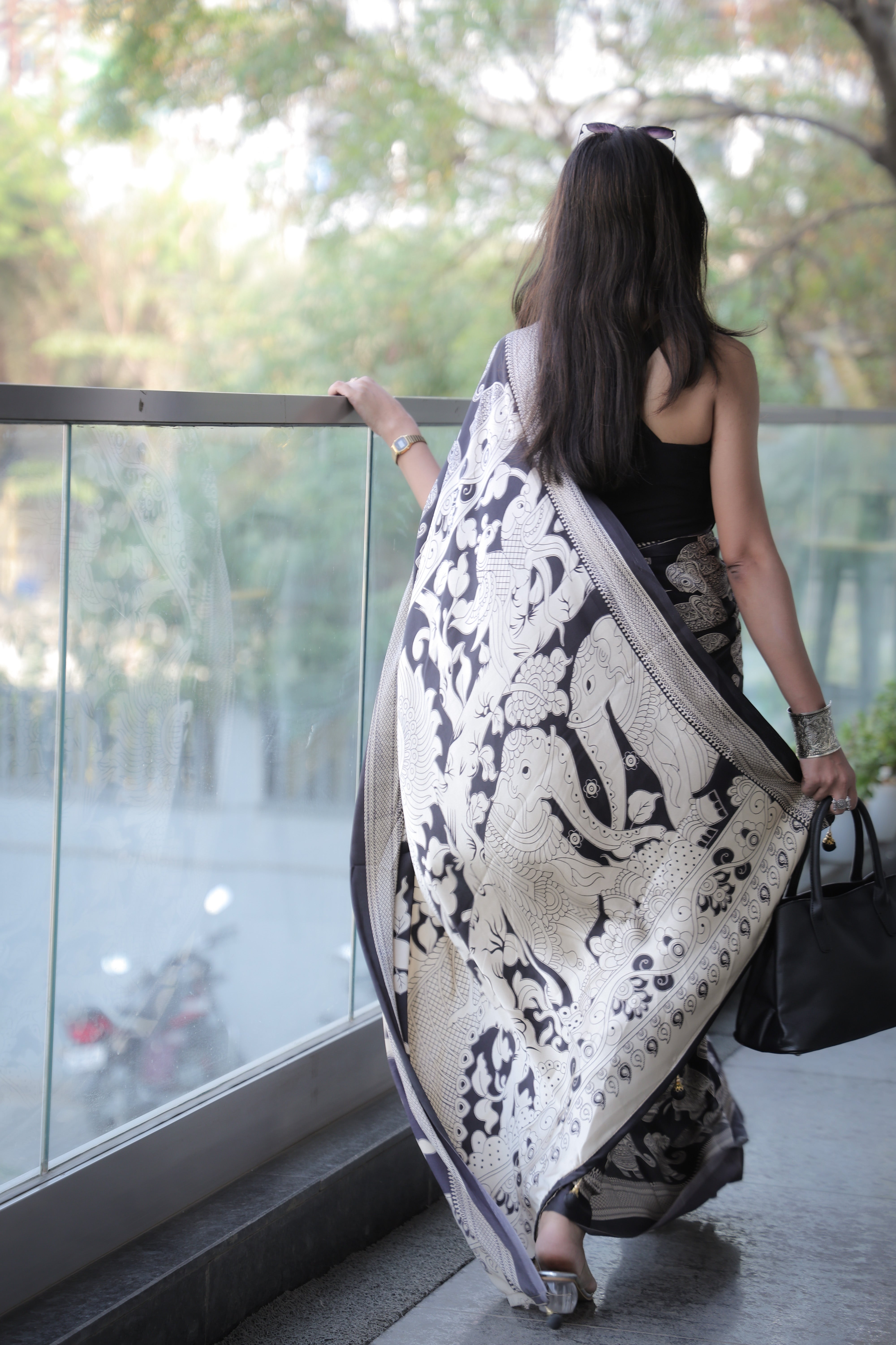 Buy MySilkLove Neutral Black Ajrakh Printed Satin Crepe Silk Saree Online