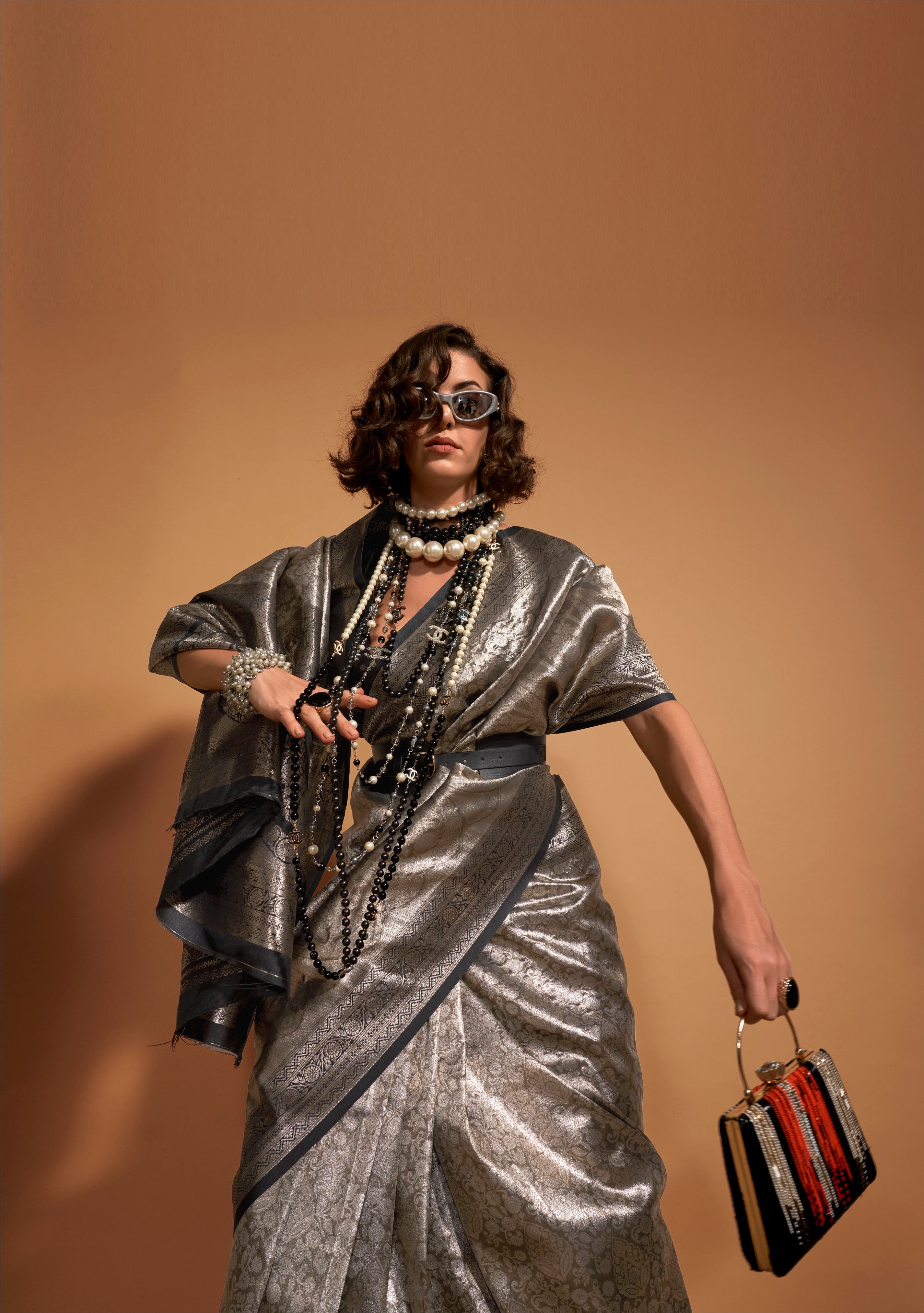 Buy MySilkLove Silver Black and Brown Woven Kanjivaram Silk Saree Online