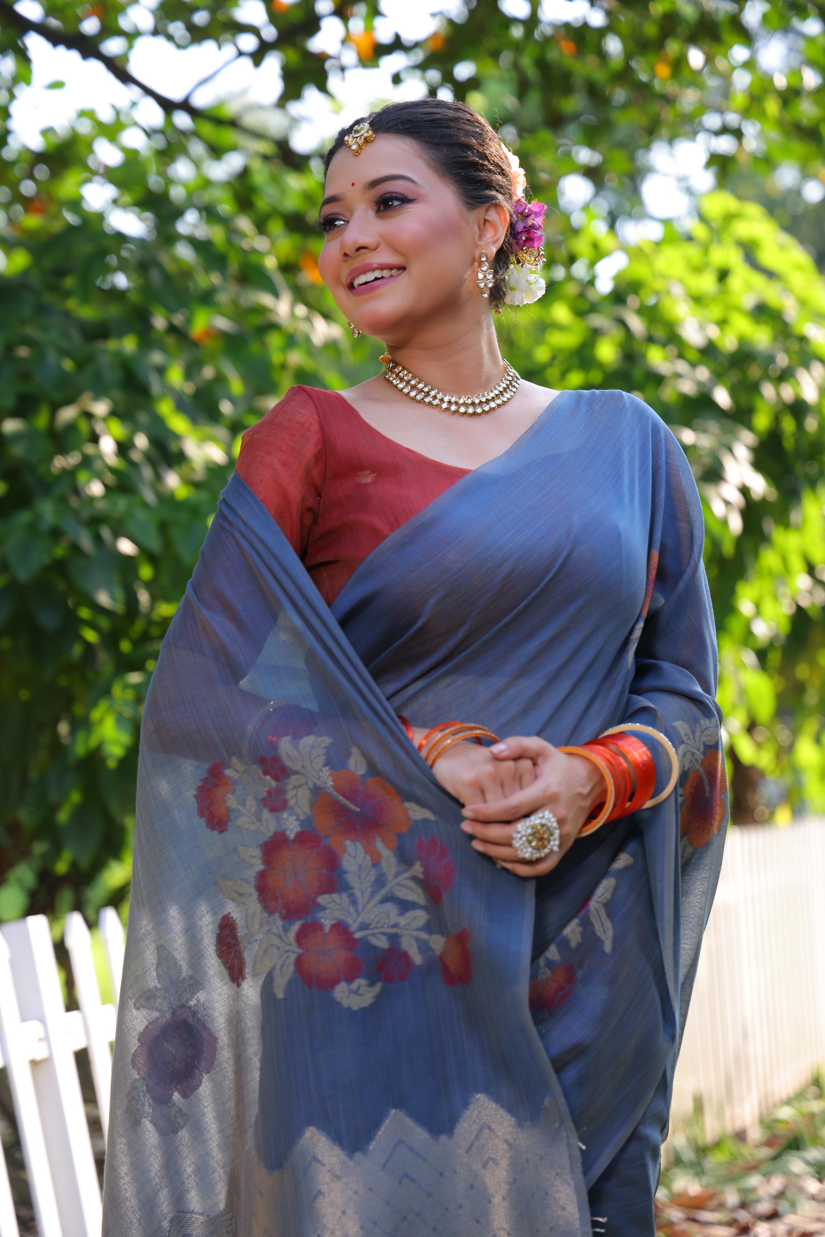 Buy MySilkLove Zing Blue Woven Muga Cotton Saree Online