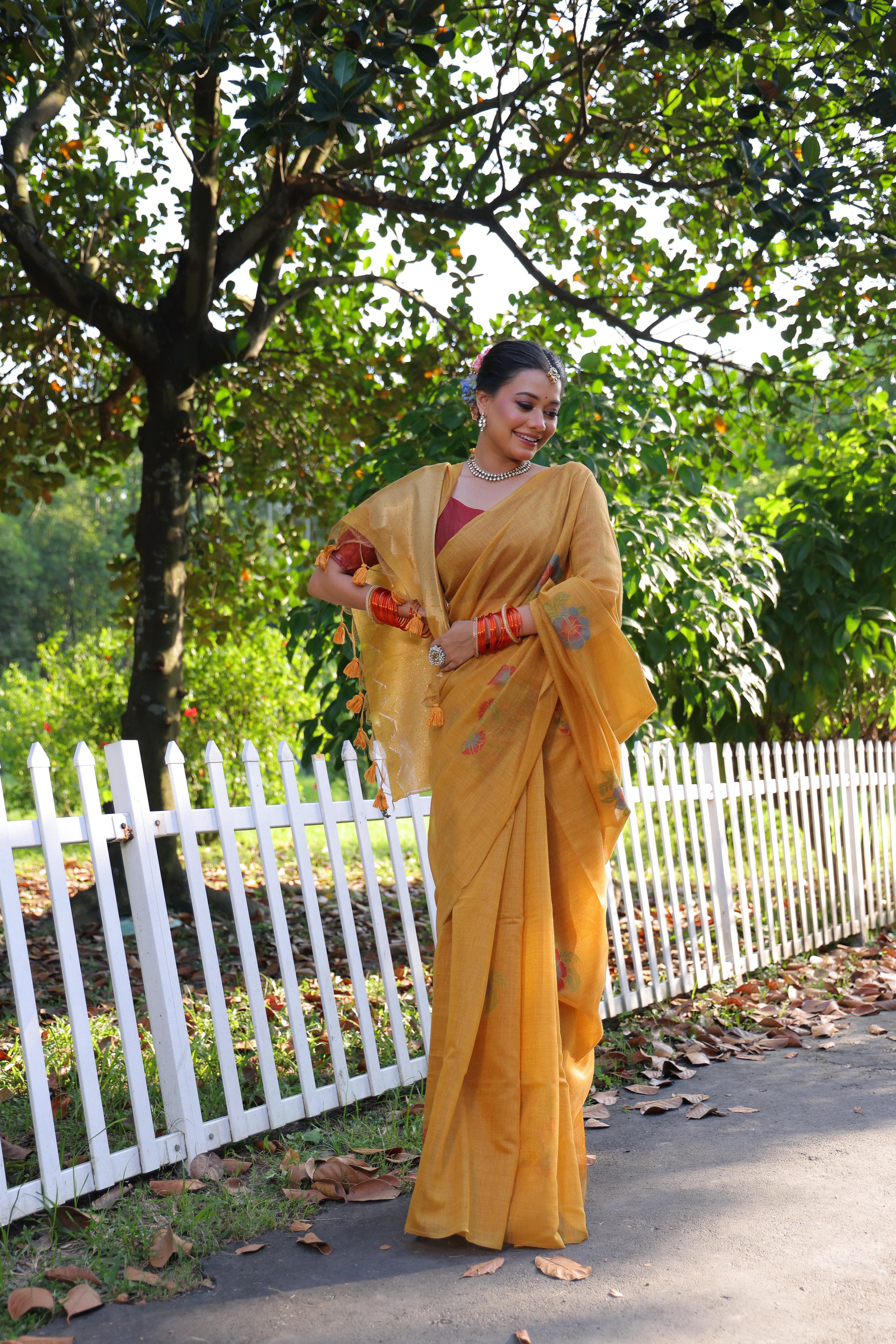 Buy MySilkLove Daylily Yellow Woven Muga Cotton Saree Online