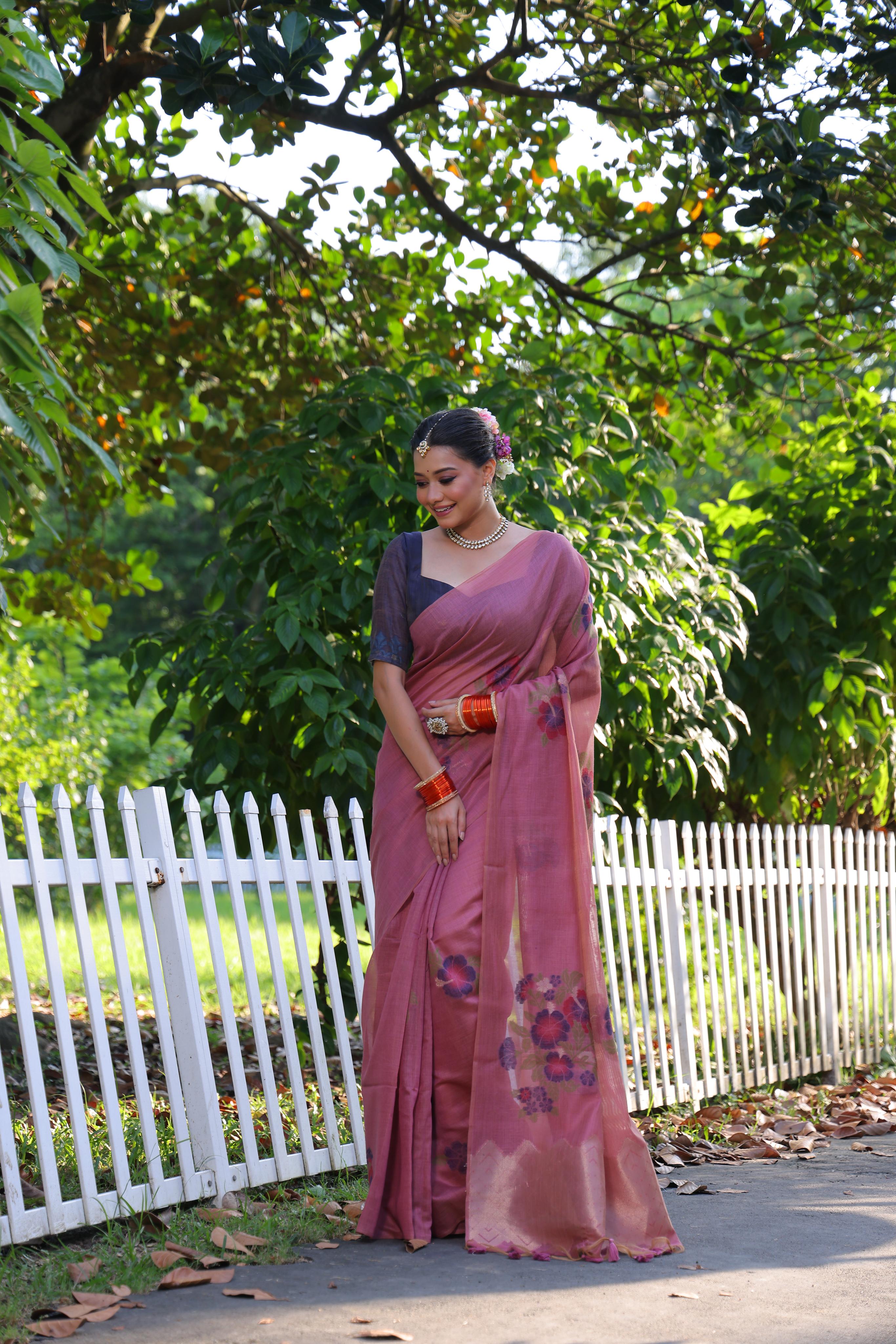 Buy MySilkLove Peony Pink Woven Muga Cotton Saree Online