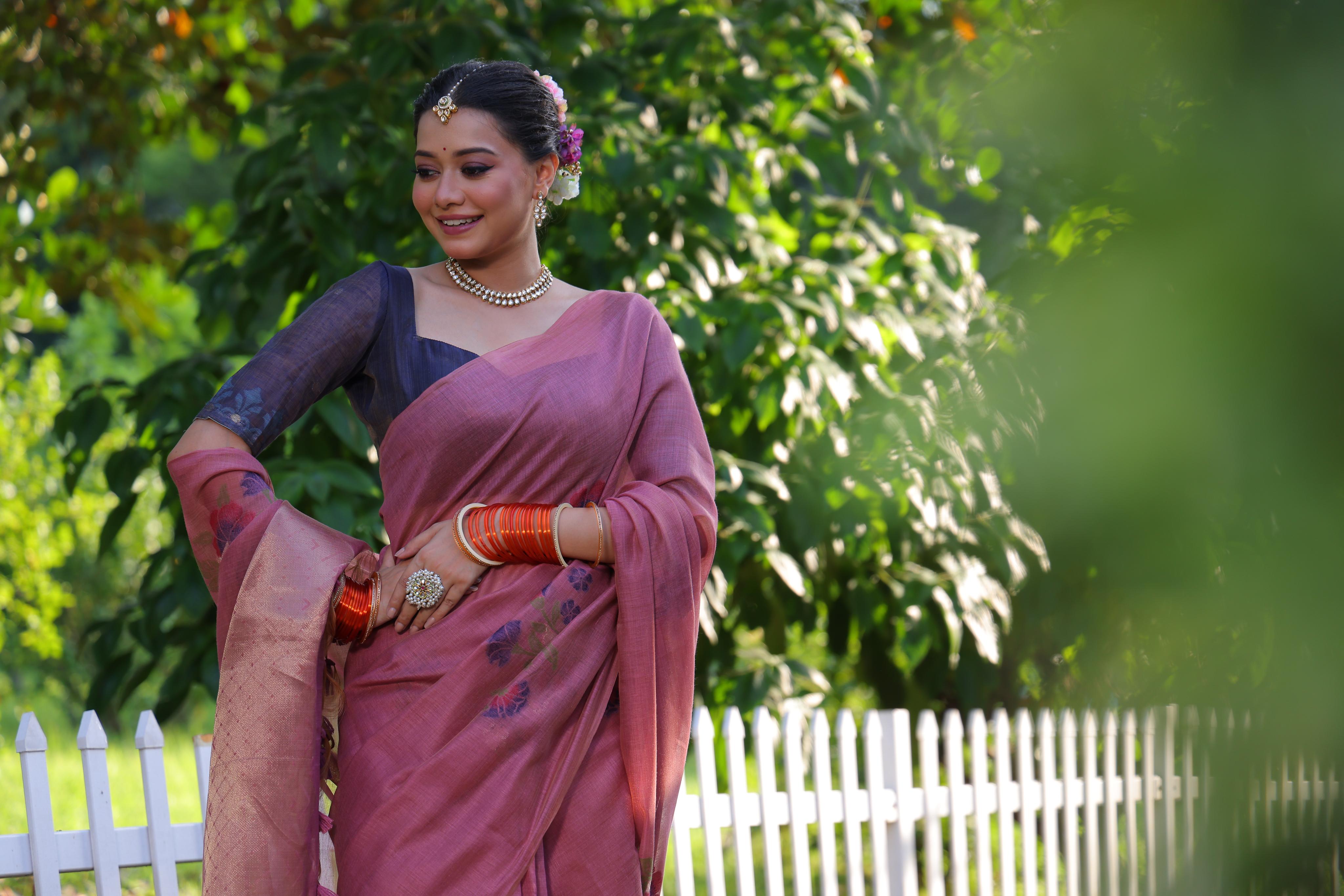 Buy MySilkLove Peony Pink Woven Muga Cotton Saree Online