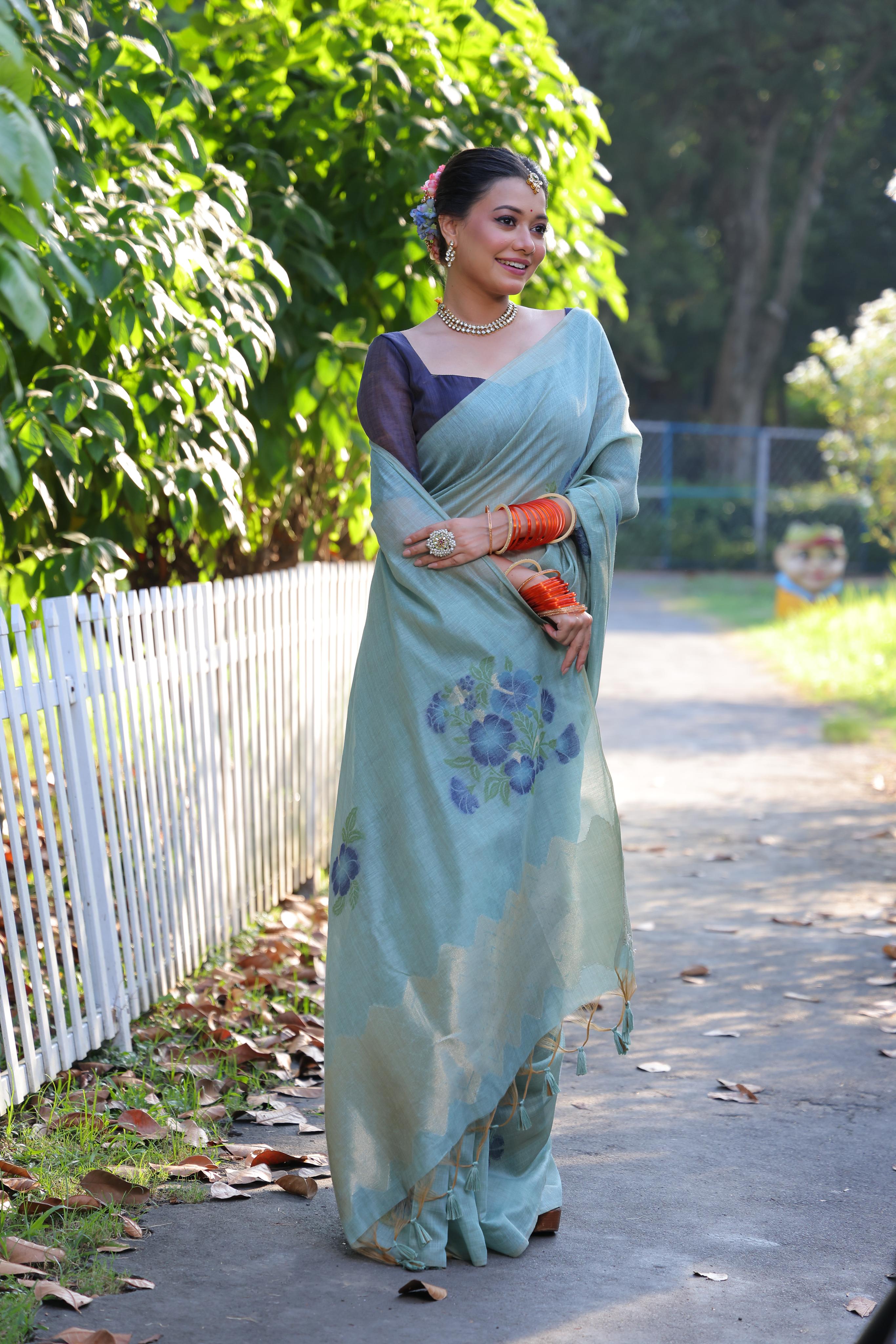 Buy MySilkLove Blue Daisy Woven Muga Cotton Saree Online