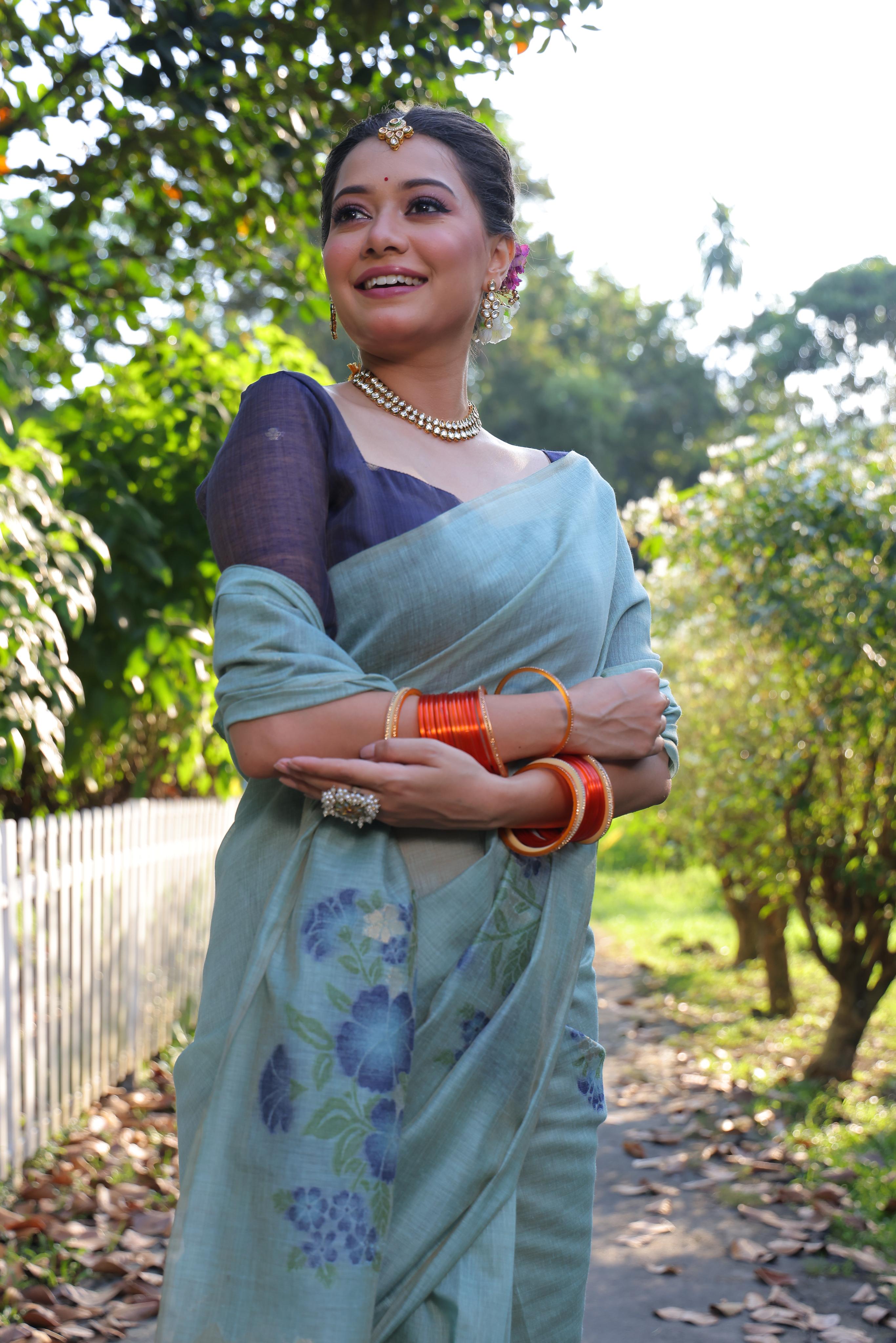 Buy MySilkLove Blue Daisy Woven Muga Cotton Saree Online