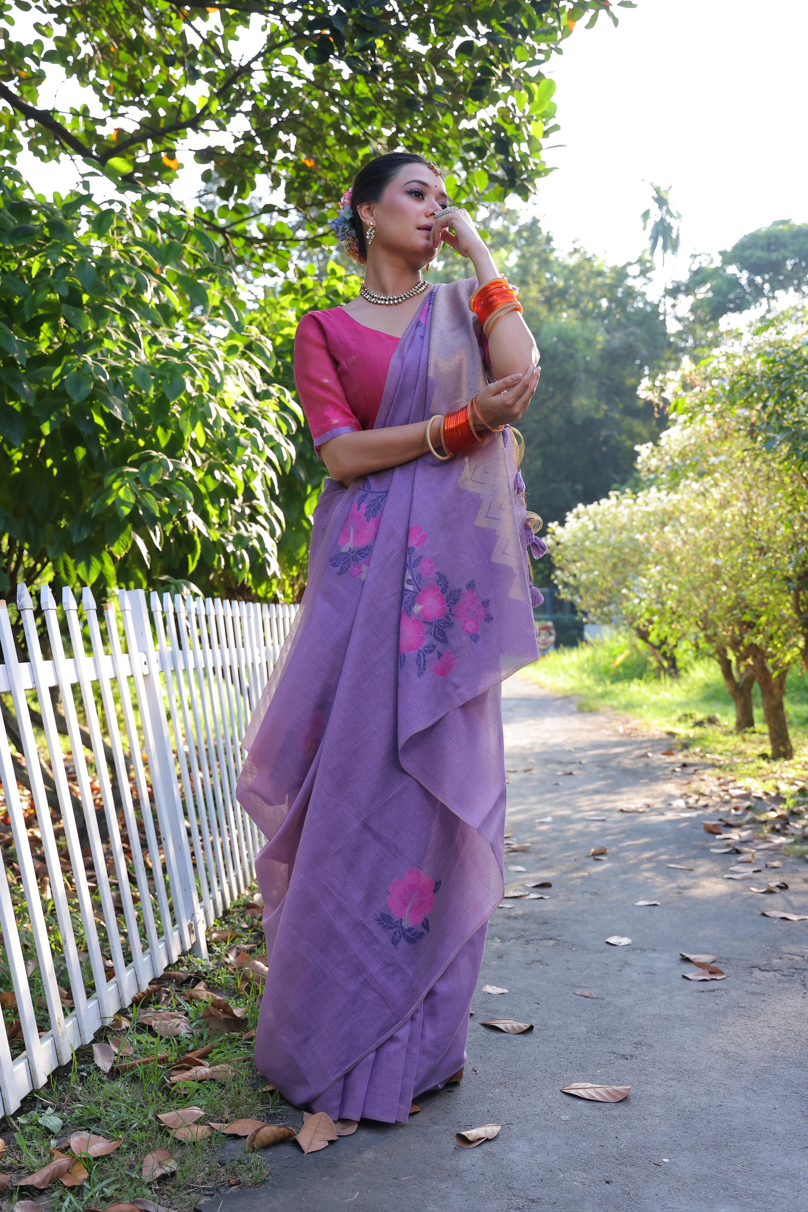 Buy MySilkLove Clematis Purple Woven Muga Cotton Saree Online