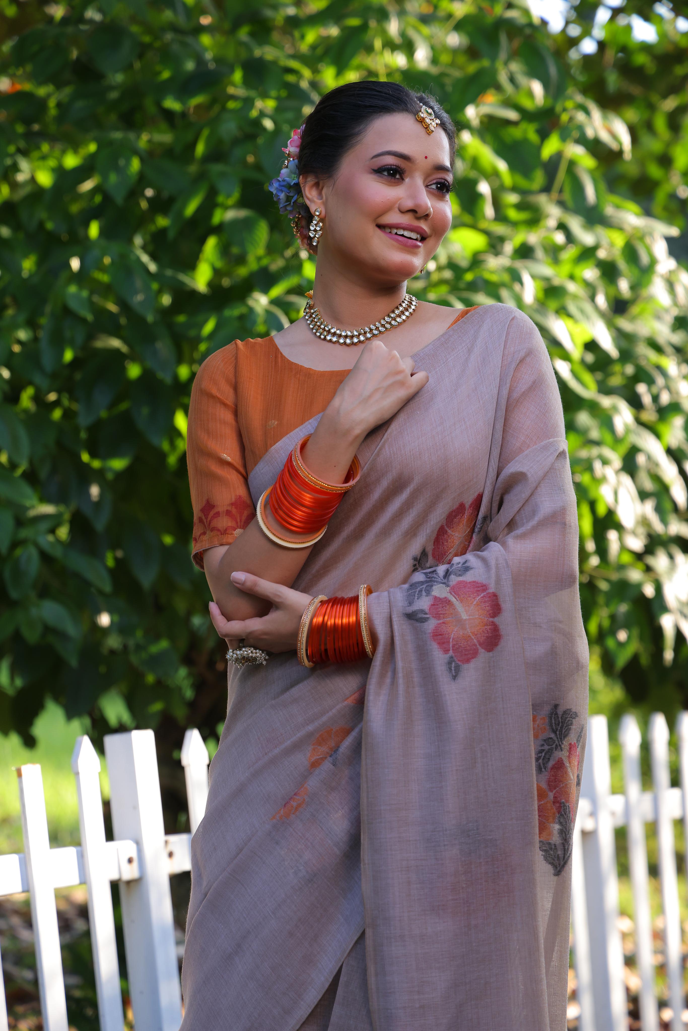 Buy MySilkLove Sea Holly Grey Woven Muga Cotton Saree Online