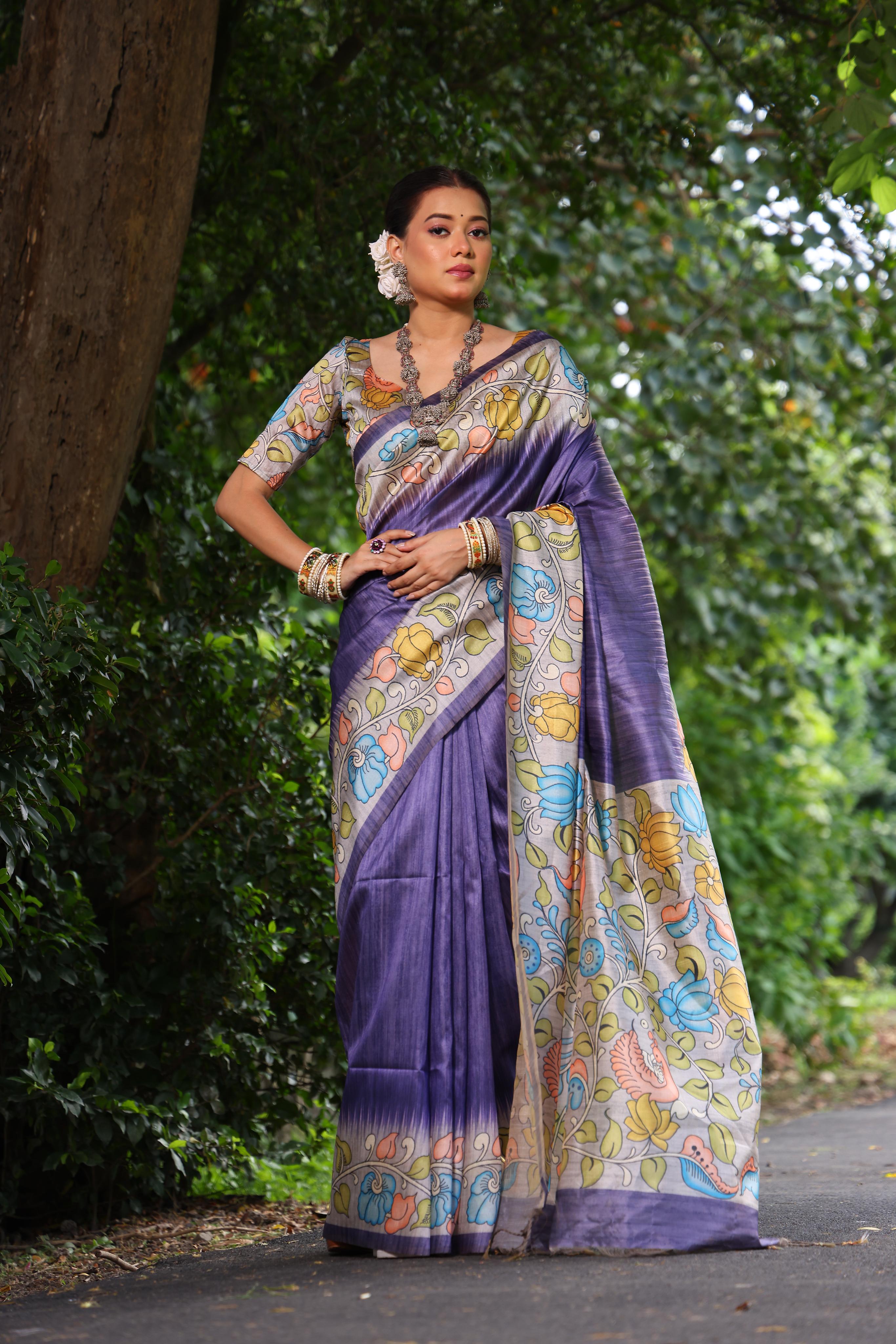 Buy MySilkLove Borage Blue Floral Printed Cotton Saree Online