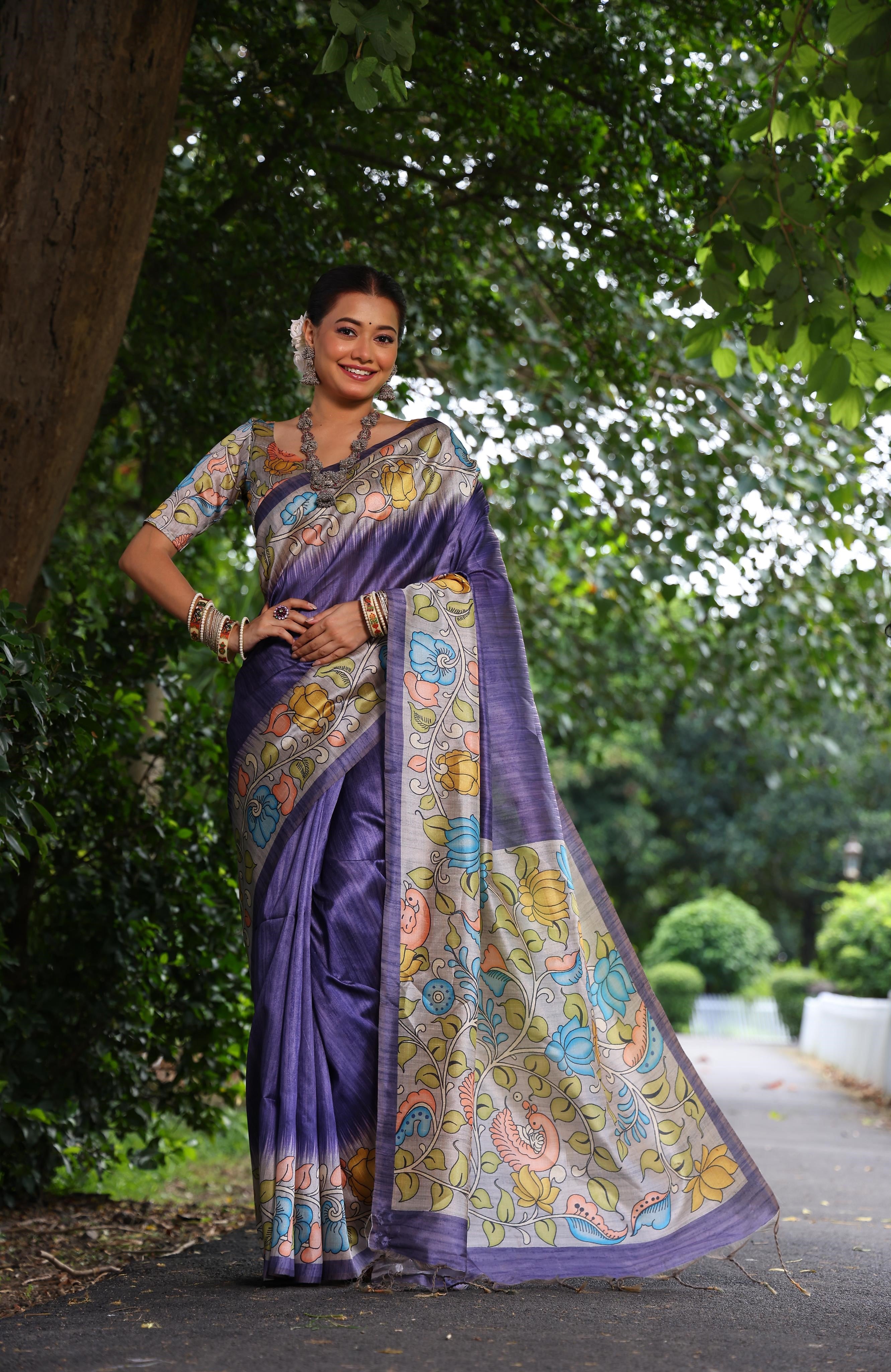 Buy MySilkLove Borage Blue Floral Printed Cotton Saree Online