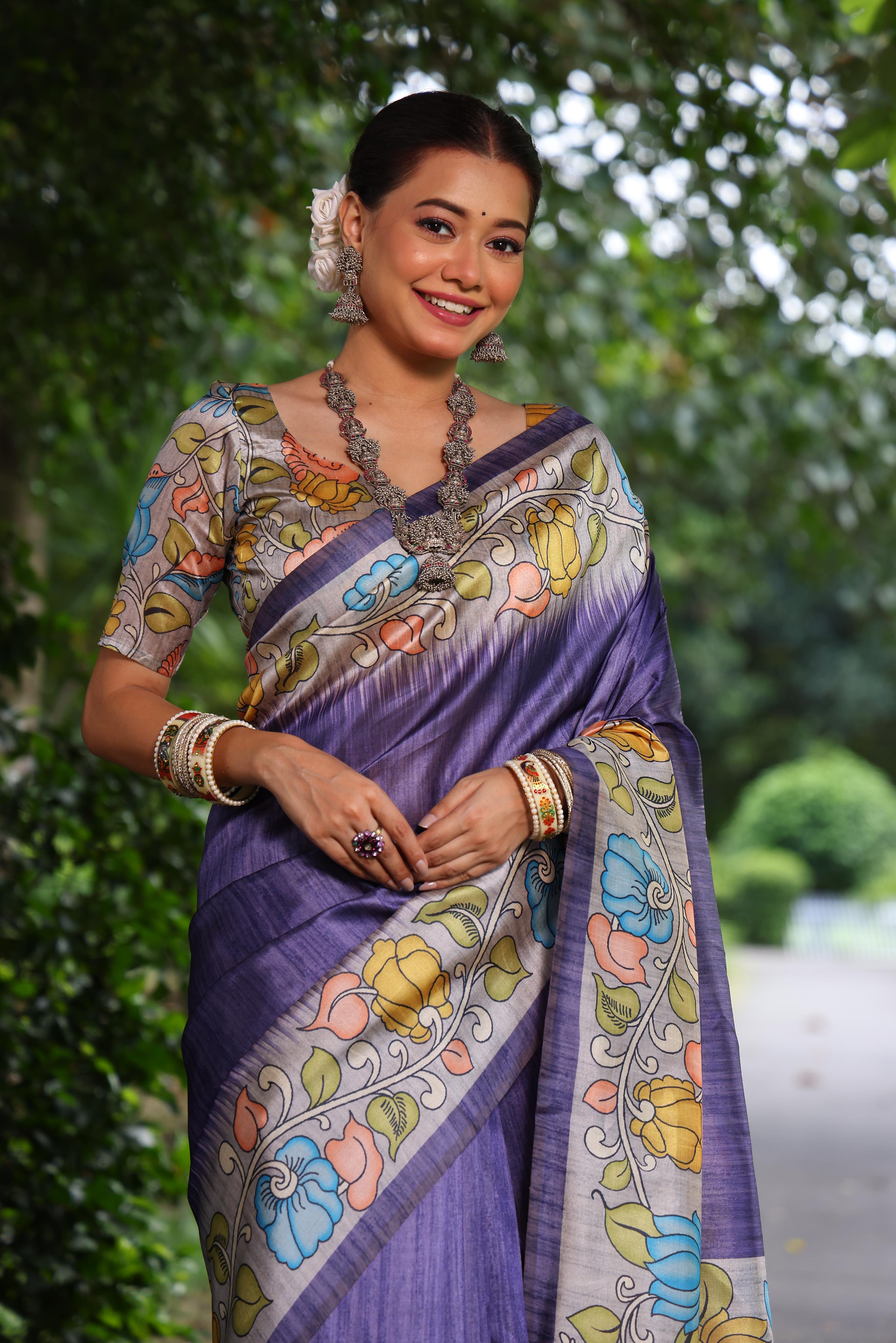 Buy MySilkLove Borage Blue Floral Printed Cotton Saree Online