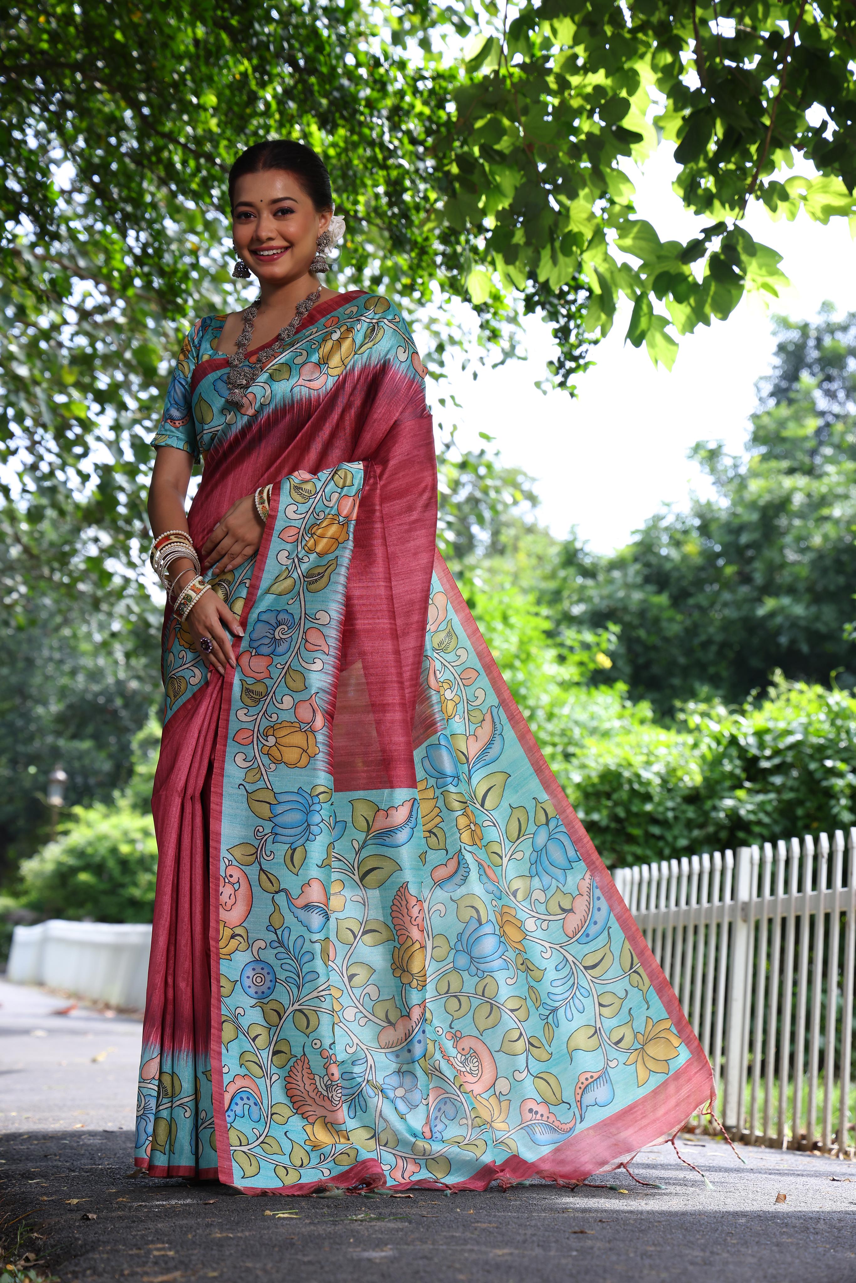 Buy MySilkLove Begonia Red Floral Printed Cotton Saree Online