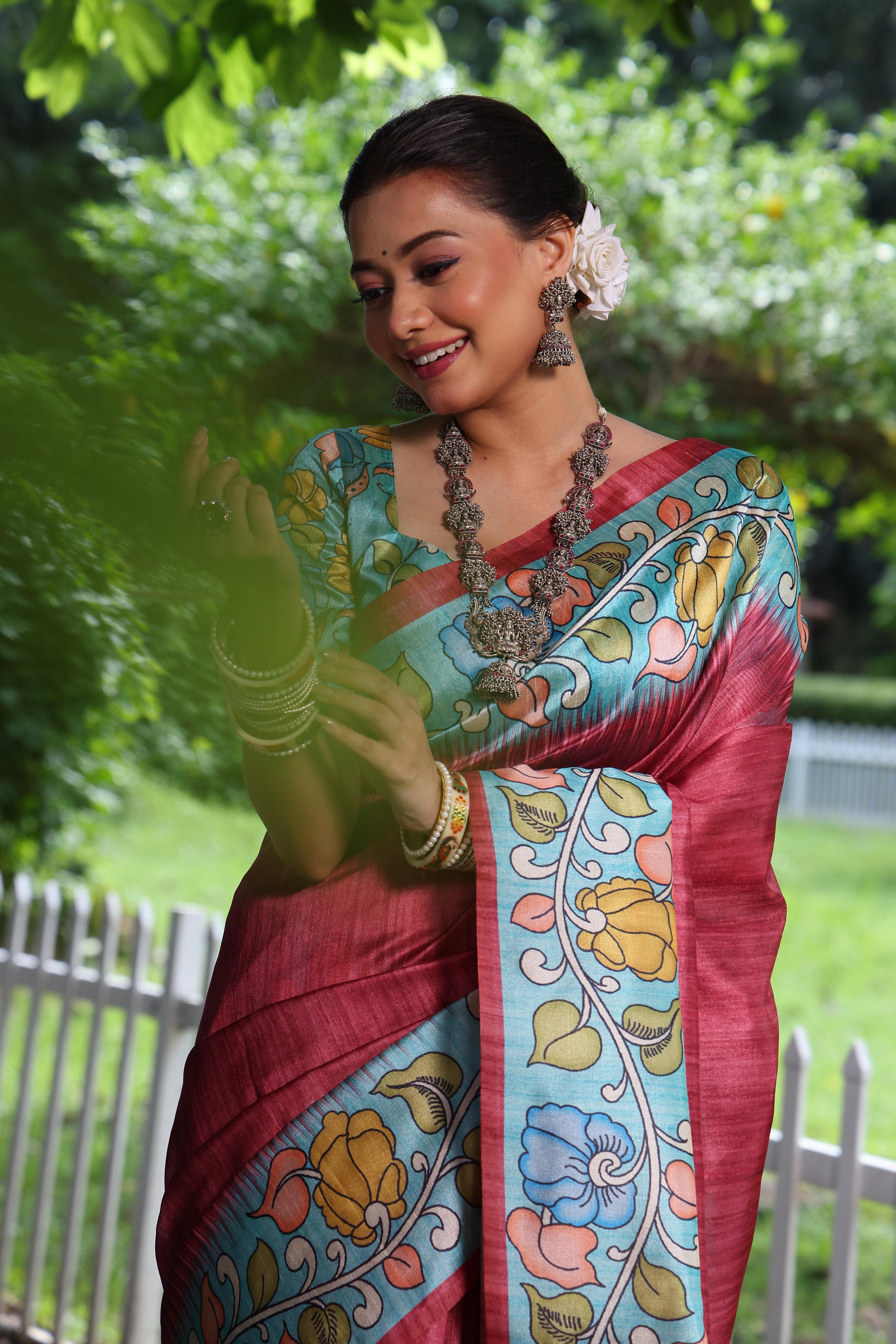 Buy MySilkLove Begonia Red Floral Printed Cotton Saree Online