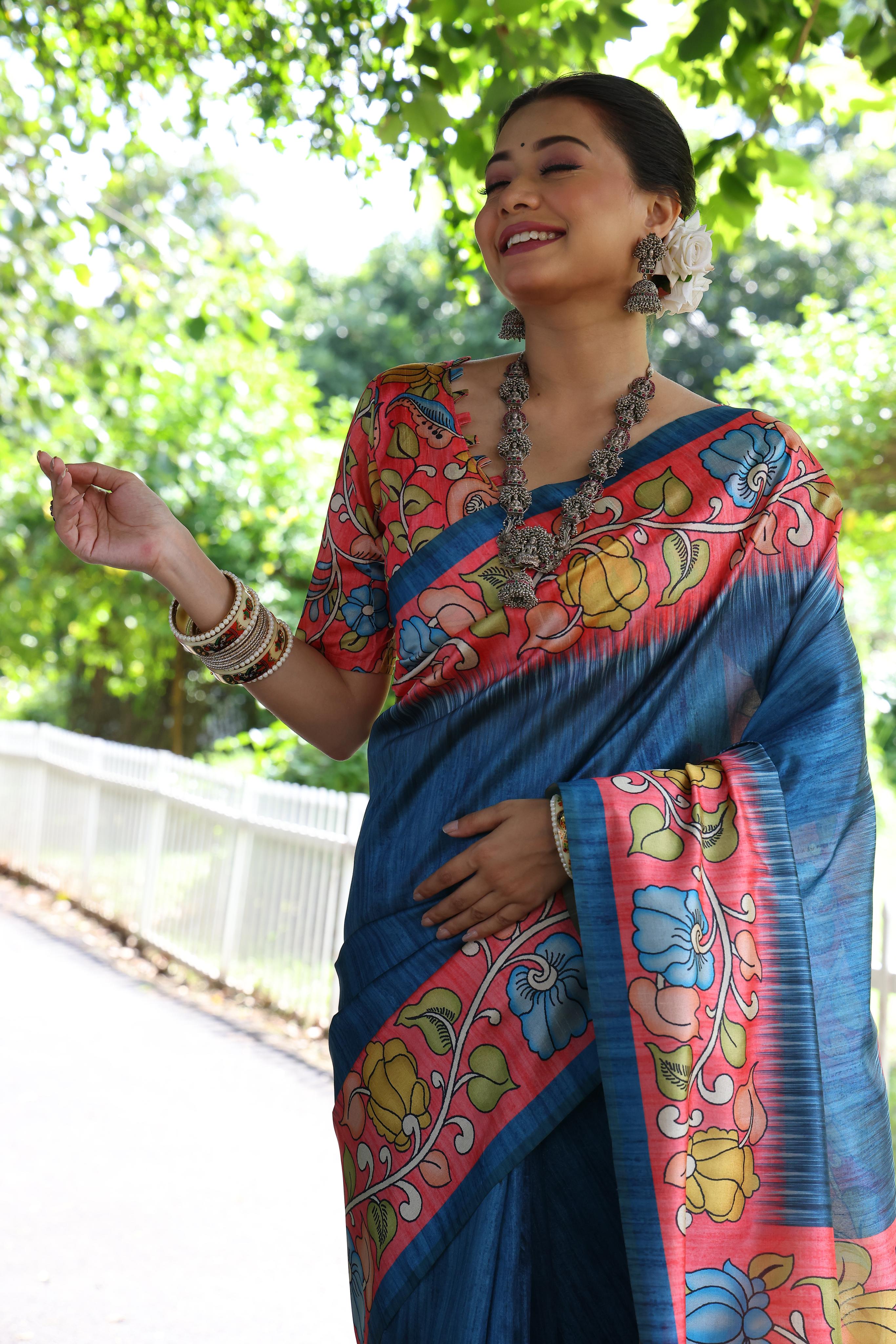 Buy MySilkLove Clematis Blue Floral Printed Cotton Saree Online