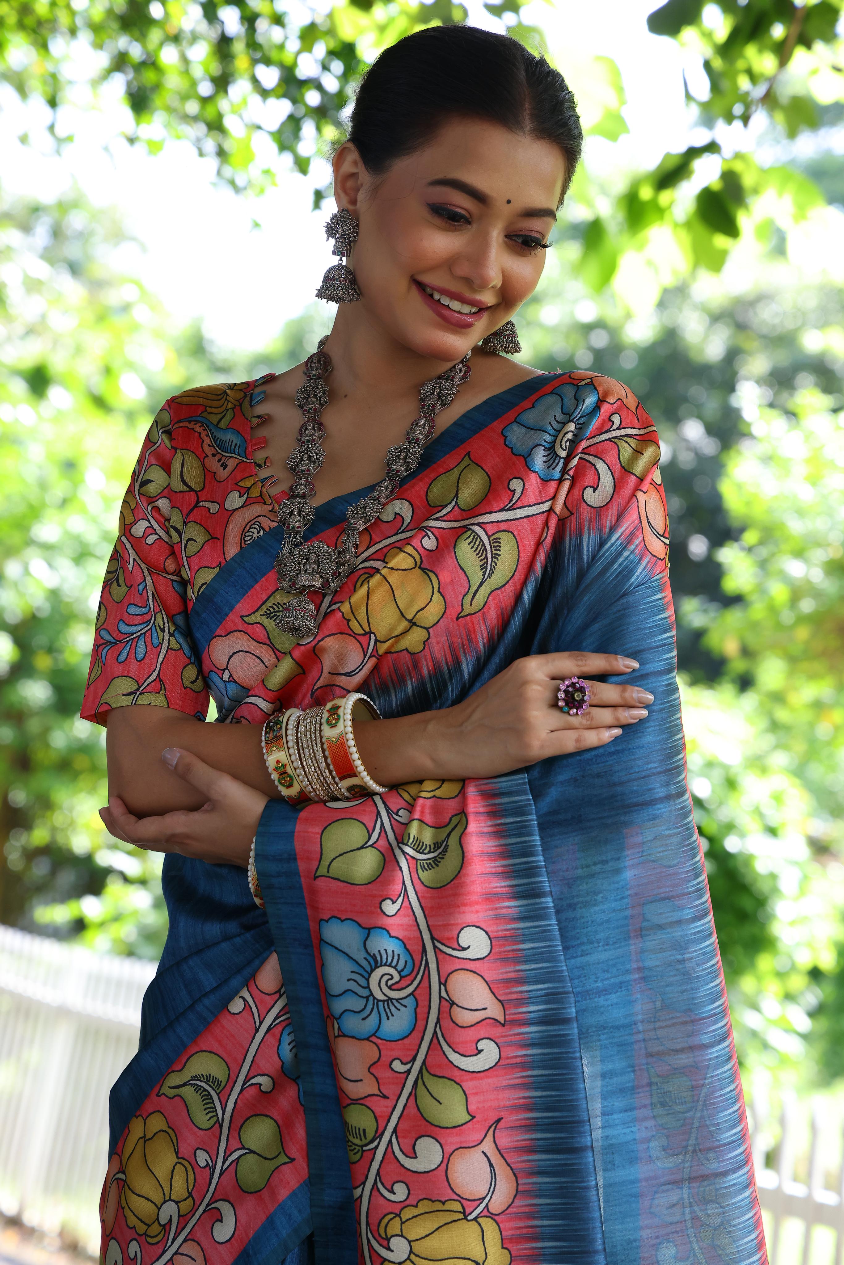 Buy MySilkLove Clematis Blue Floral Printed Cotton Saree Online