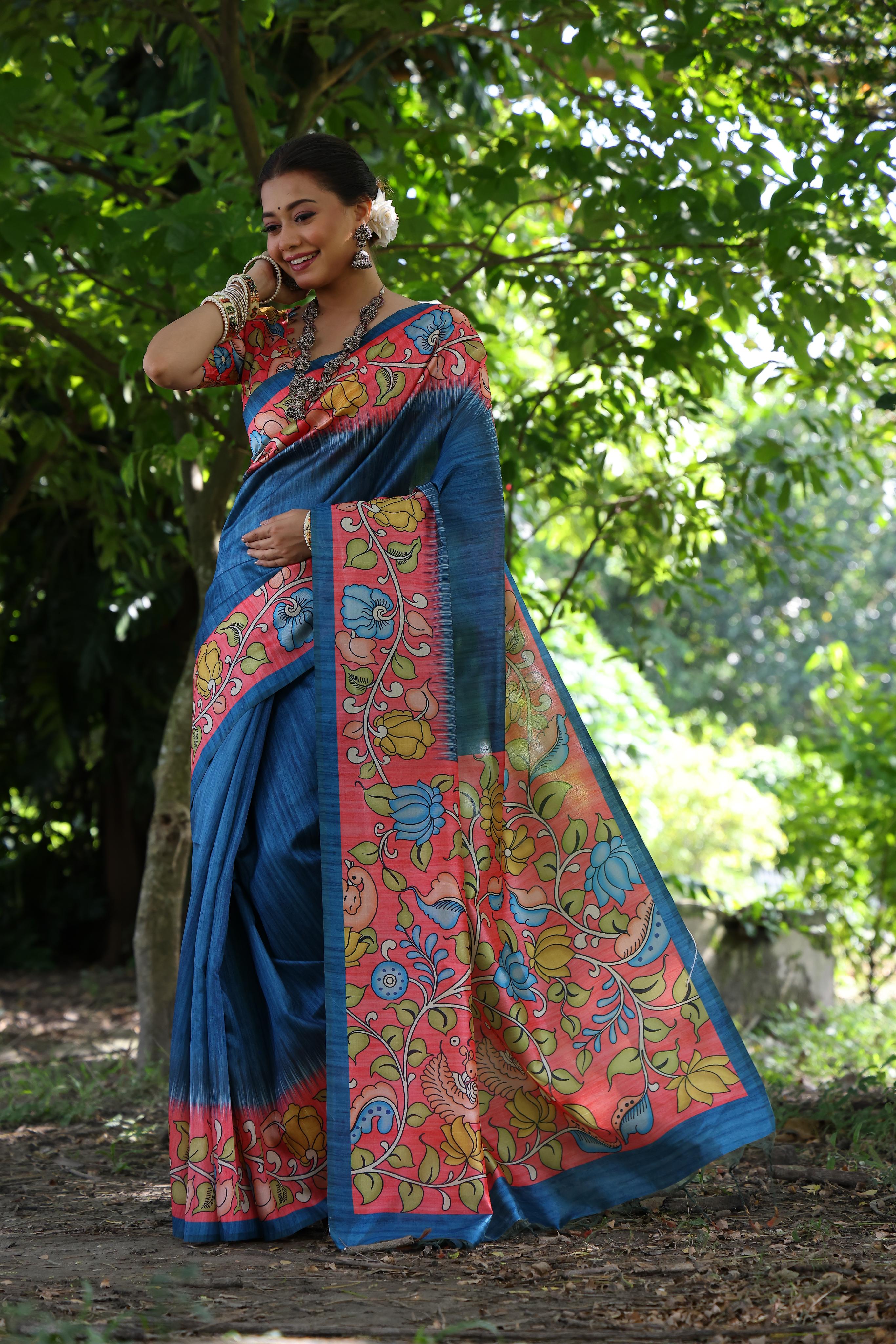 Buy MySilkLove Clematis Blue Floral Printed Cotton Saree Online
