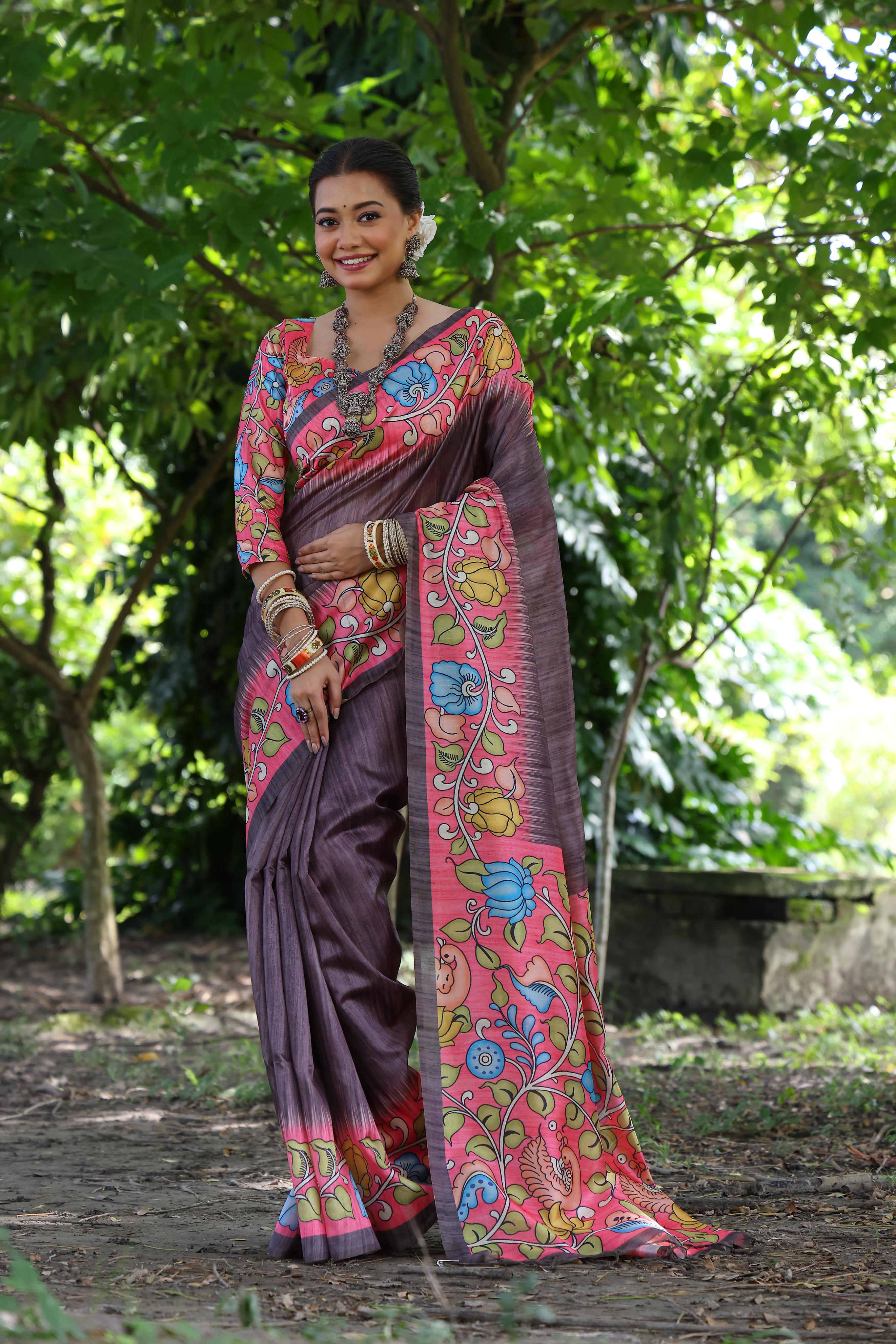 Buy MySilkLove Columbines Brown Floral Printed Cotton Saree Online