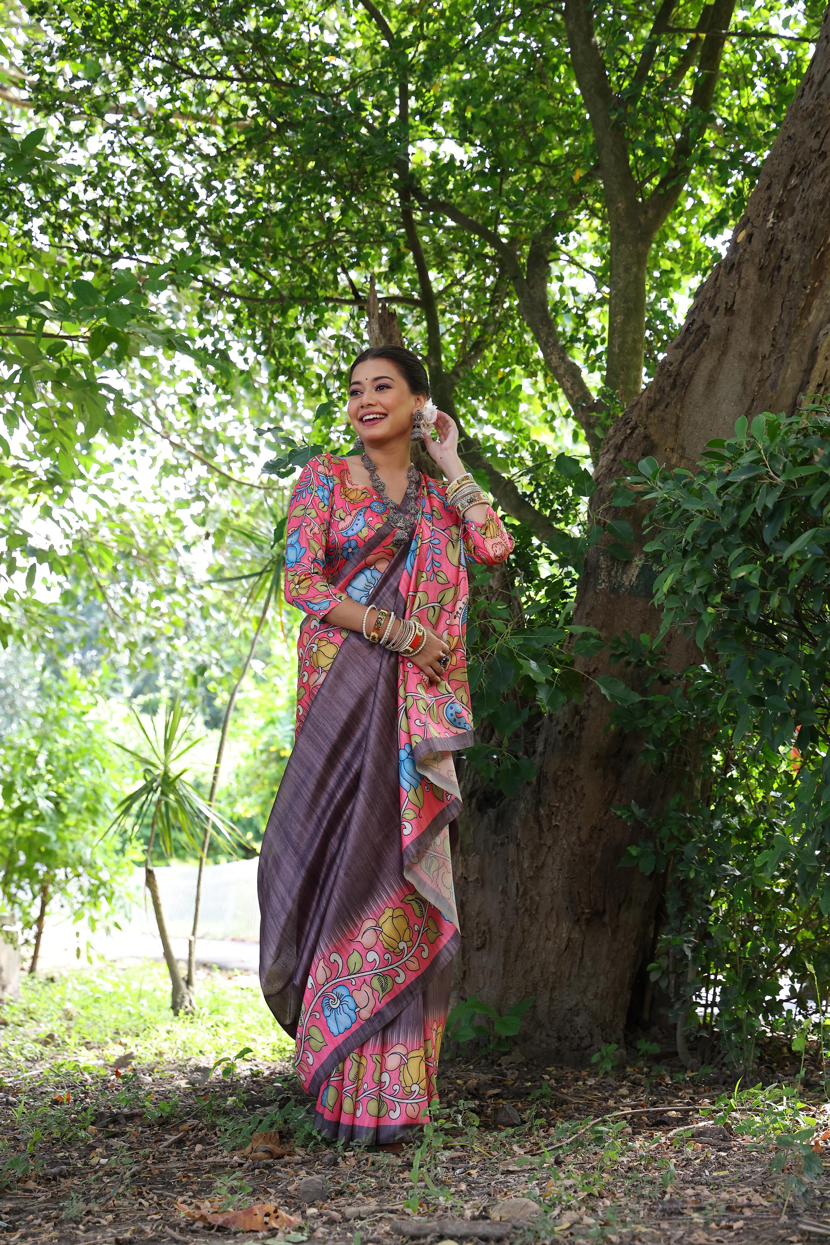 Buy MySilkLove Columbines Brown Floral Printed Cotton Saree Online