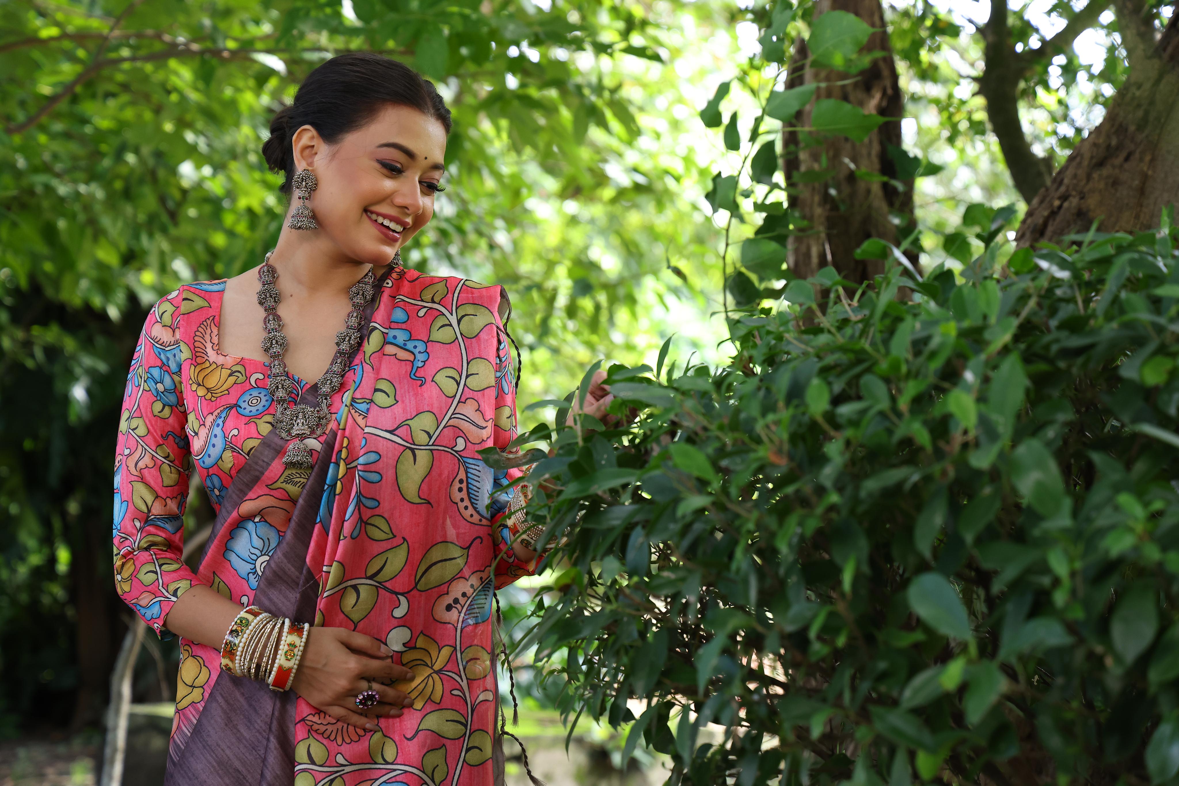 Buy MySilkLove Columbines Brown Floral Printed Cotton Saree Online
