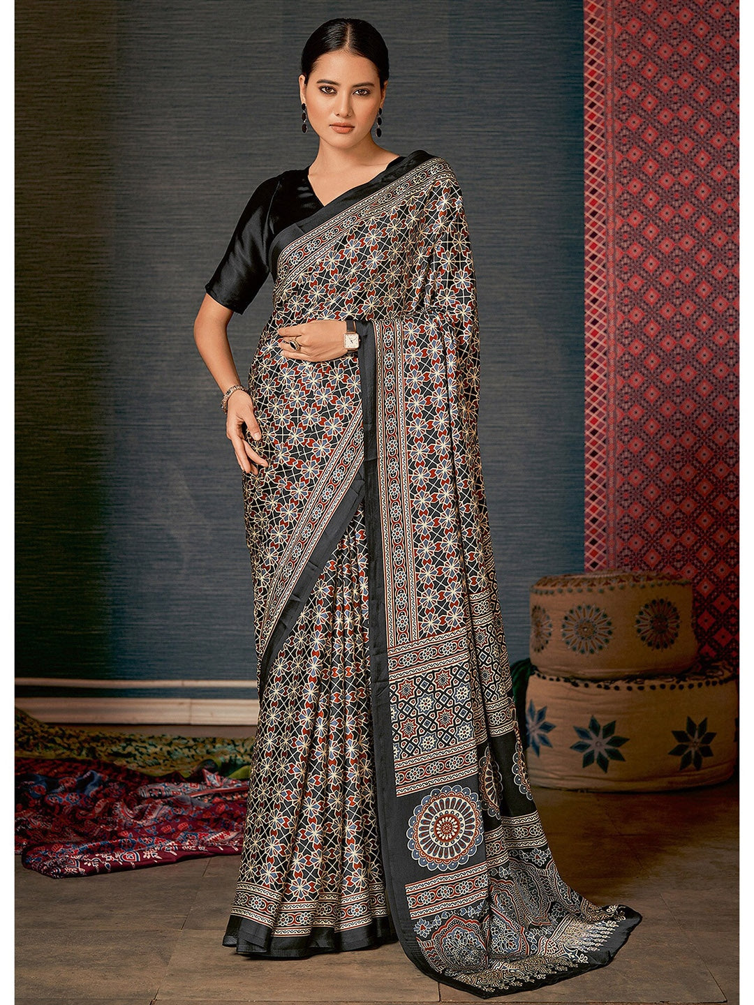 Buy MySilkLove Mine Shaft Black Digital Printed Ajrakh Satin Crepe Saree Online
