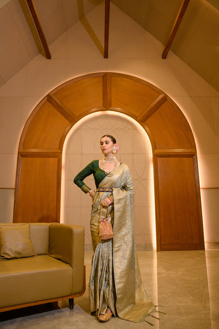 Buy MySilkLove Cement Grey Zari Woven Banarasi Satin Silk Saree Online