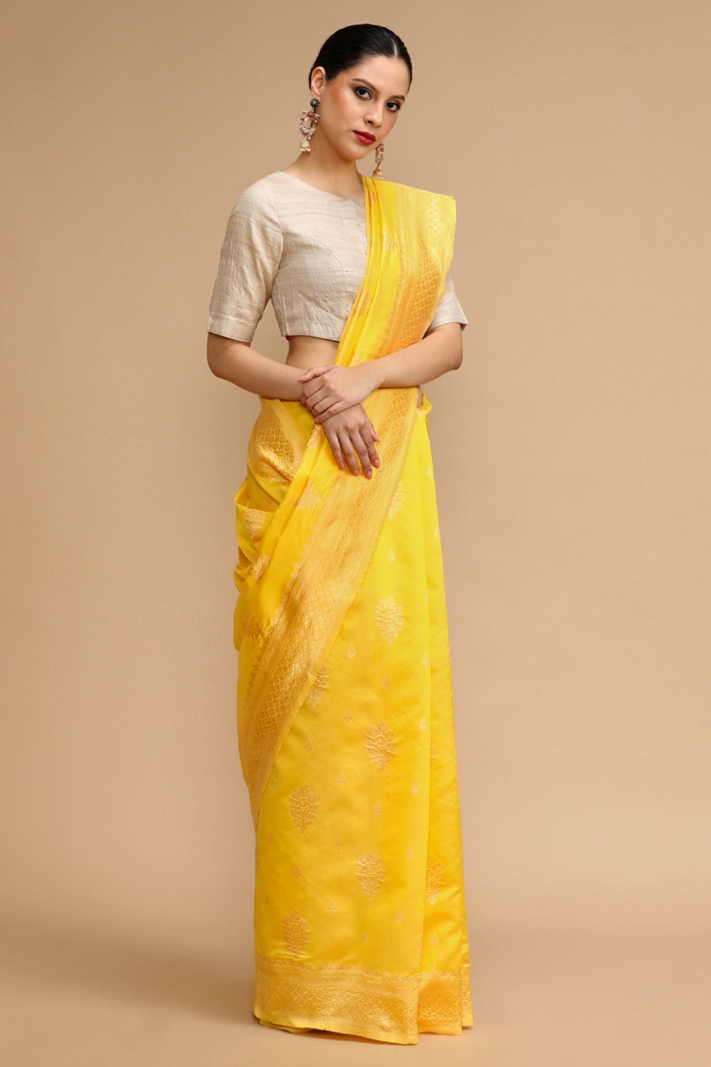 Buy MySilkLove Royal Yellow Woven Jacquard Lichi Silk Saree Online