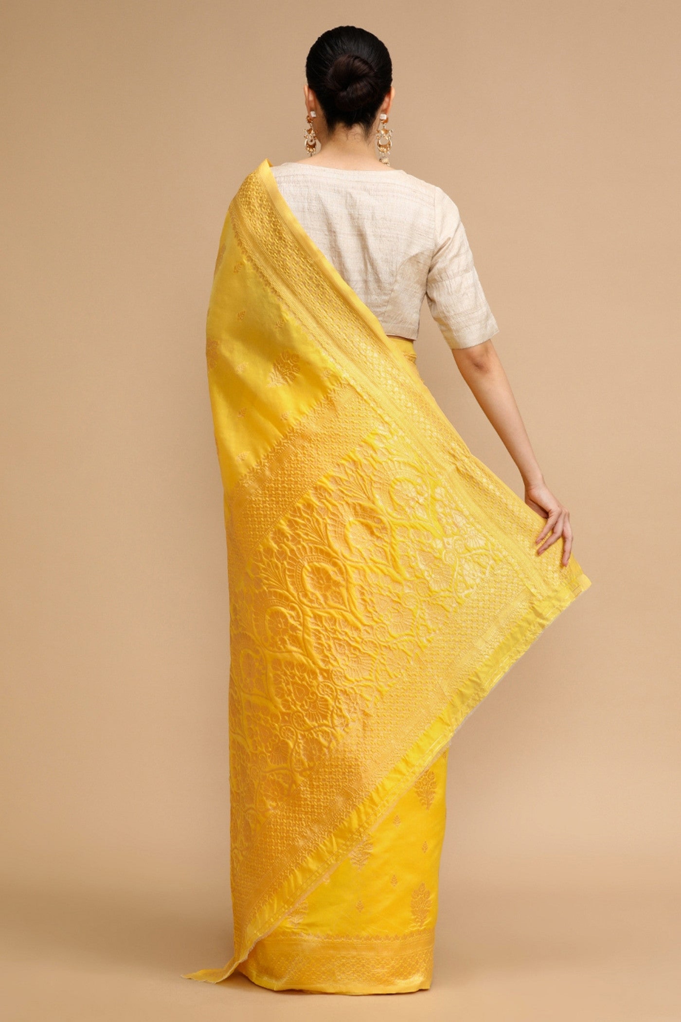 Buy MySilkLove Royal Yellow Woven Jacquard Lichi Silk Saree Online