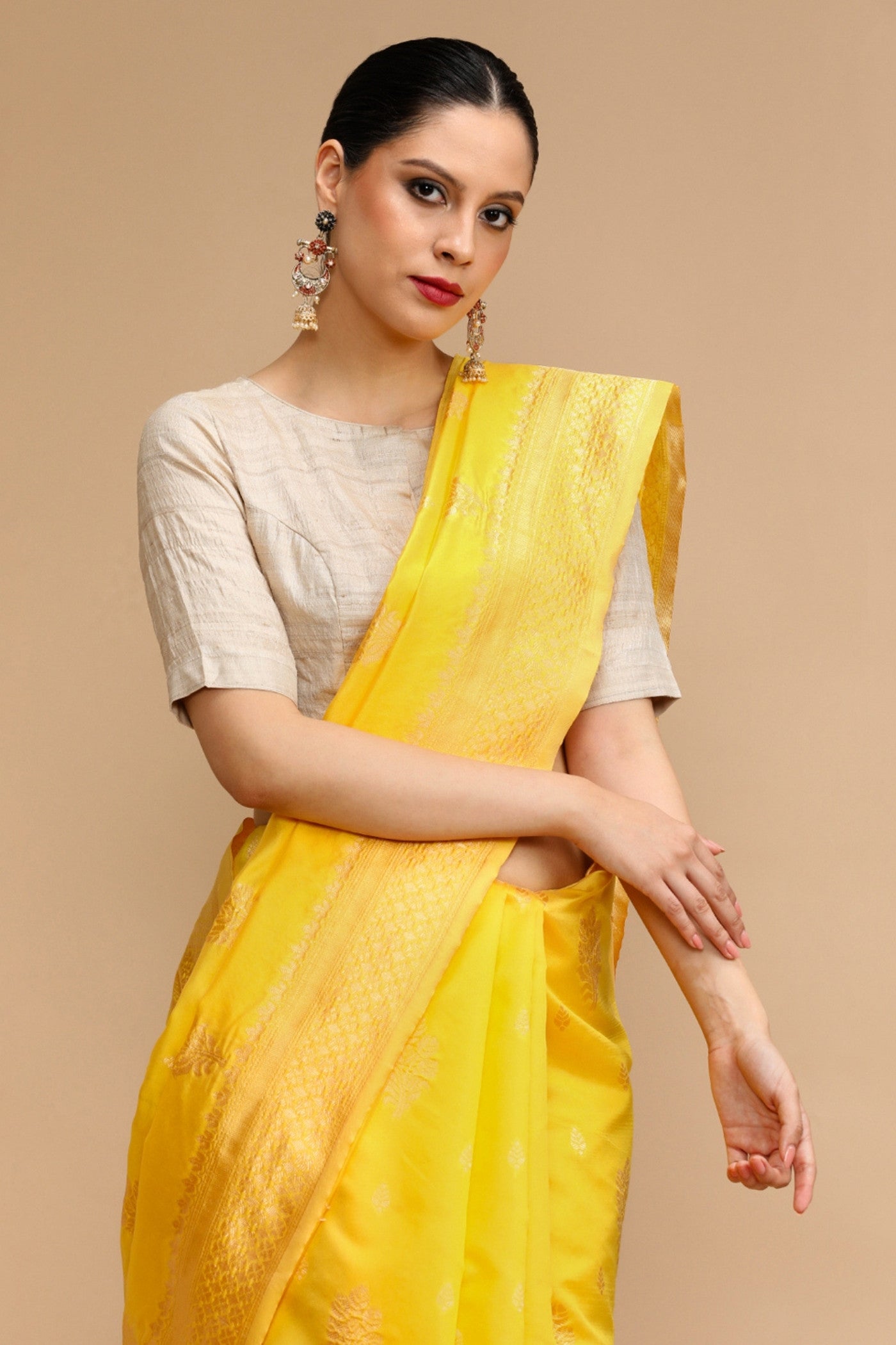 Buy MySilkLove Royal Yellow Woven Jacquard Lichi Silk Saree Online