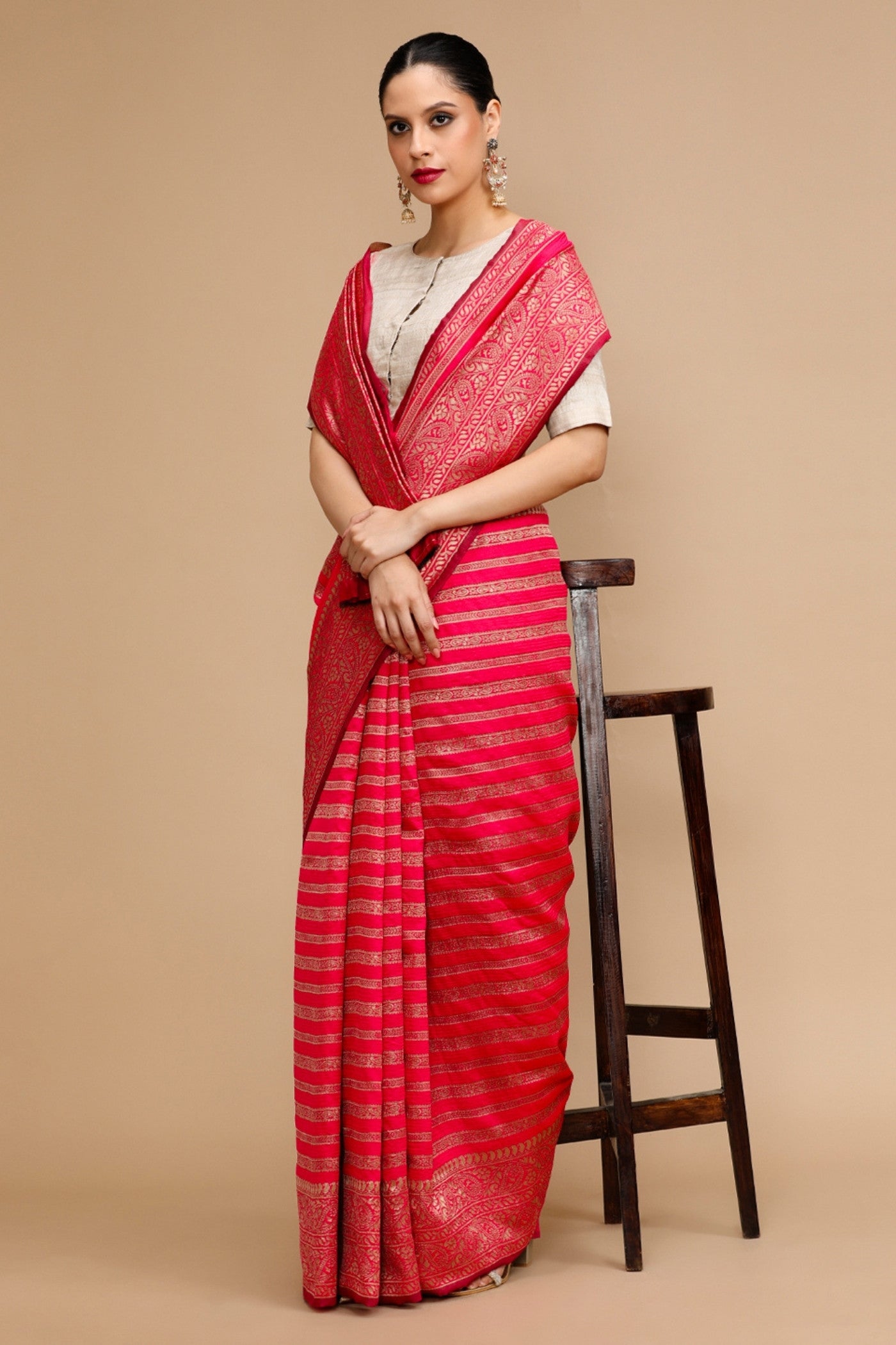 Buy MySilkLove Amaranth Pink Woven Jacquard Lichi Silk Saree Online