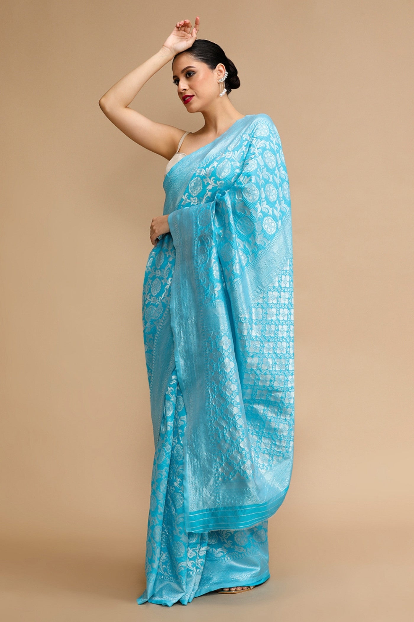 Buy MySilkLove Aqua Blue Woven Jacquard Lichi Silk Saree Online