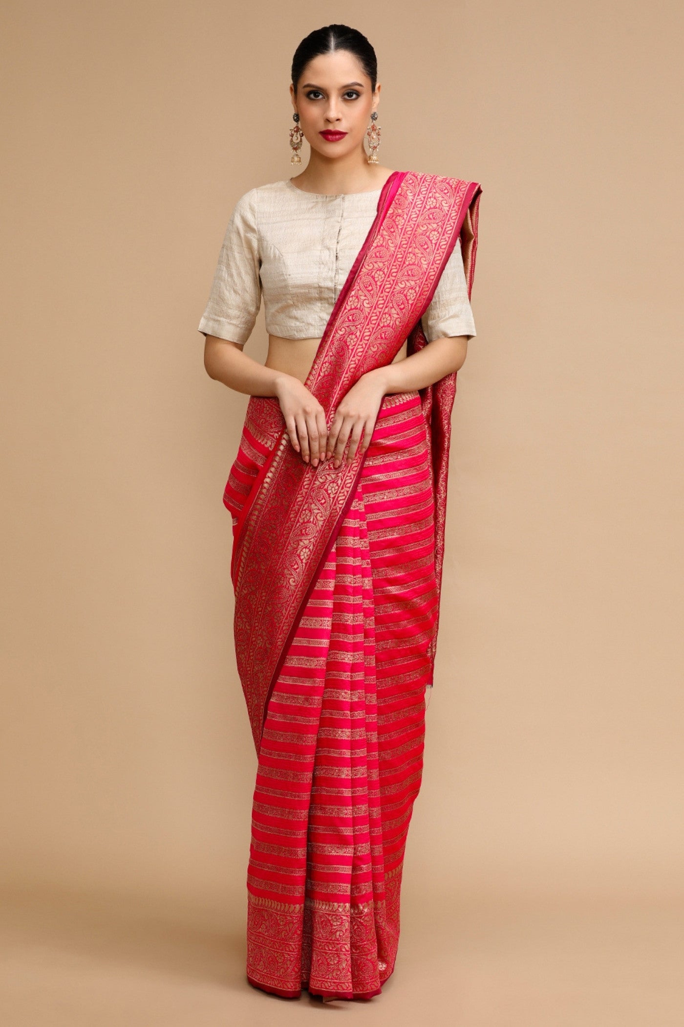 Buy MySilkLove Amaranth Pink Woven Jacquard Lichi Silk Saree Online