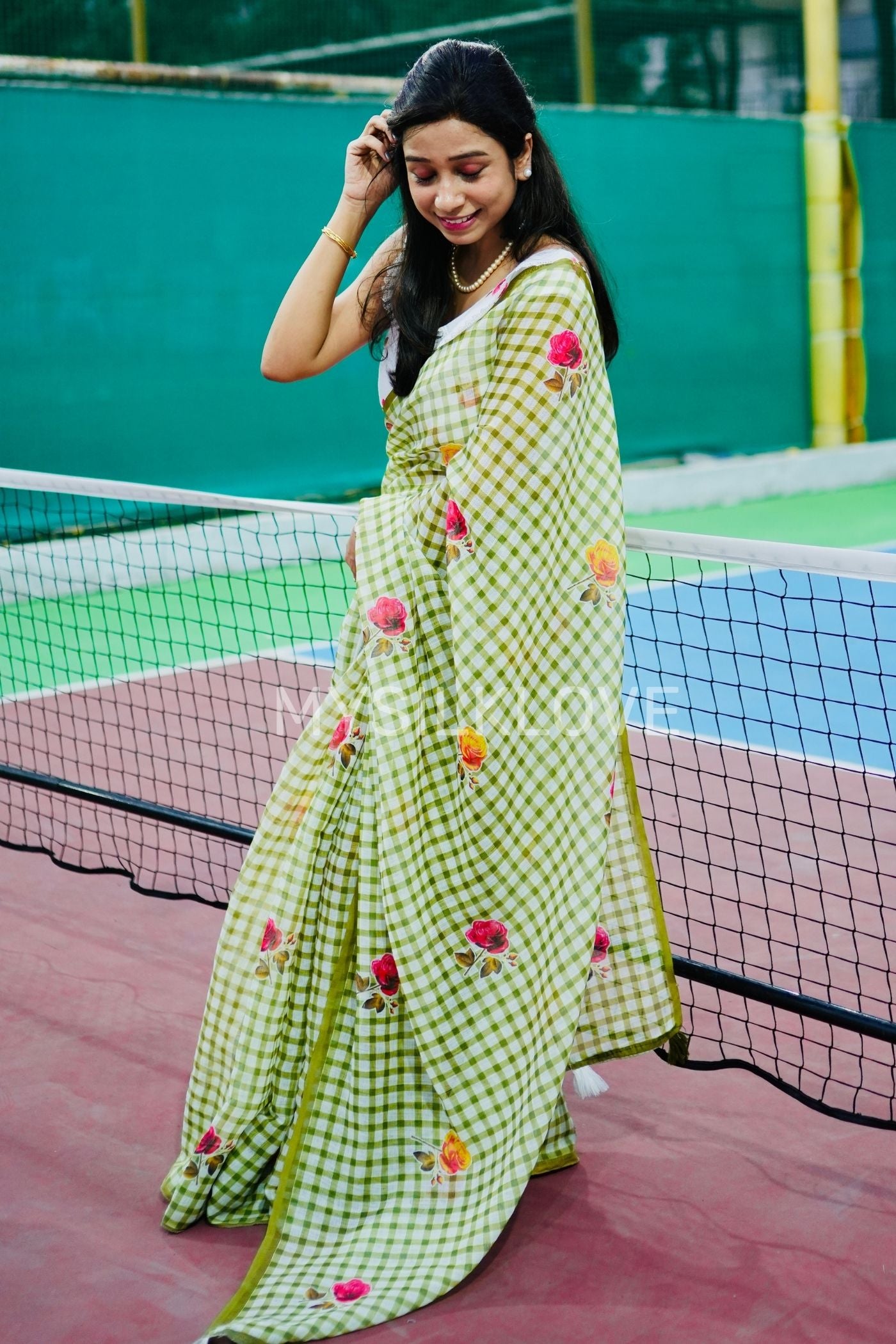 Buy MySilkLove Apple Green Soft Linen Cotton Printed Saree Online