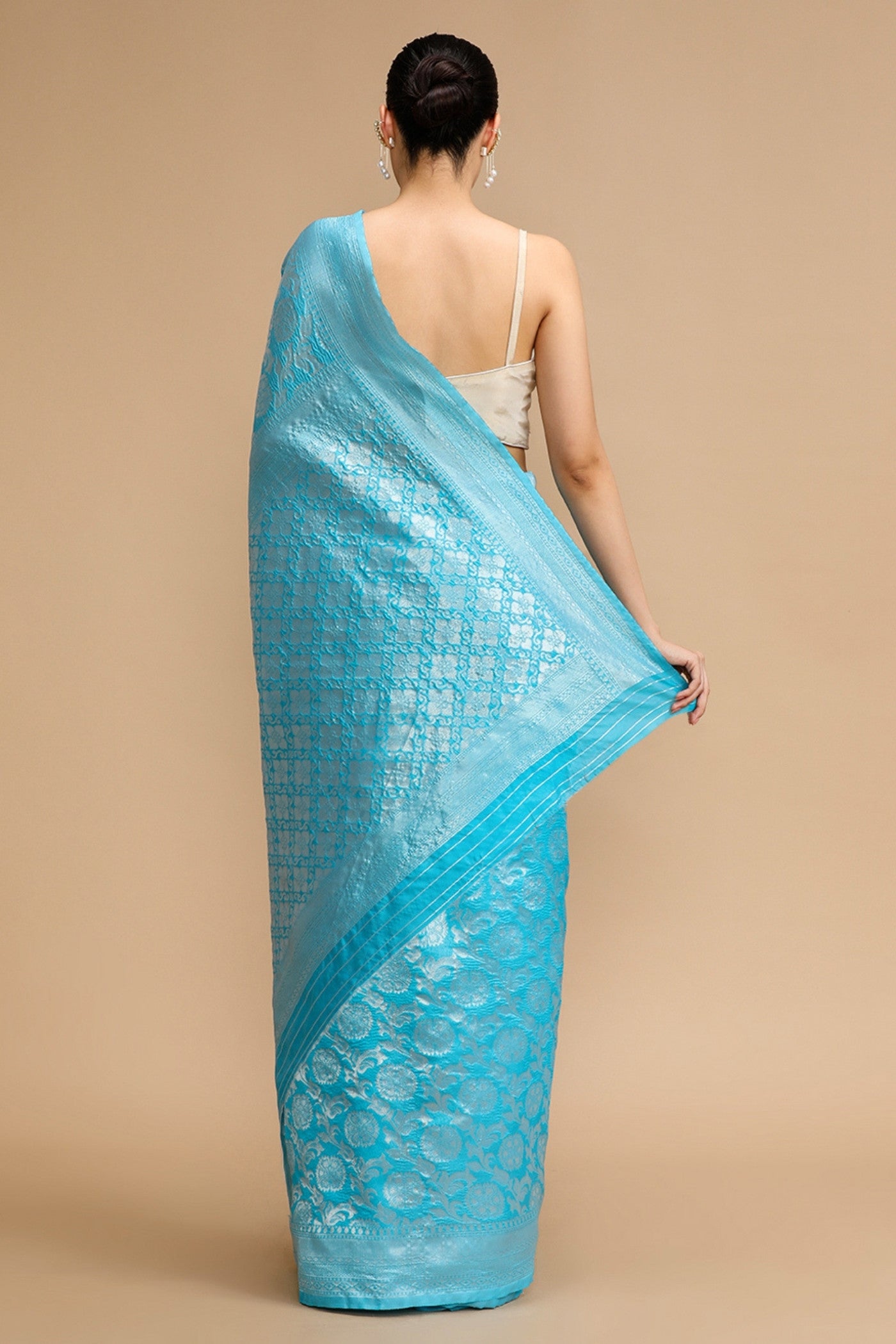Buy MySilkLove Aqua Blue Woven Jacquard Lichi Silk Saree Online