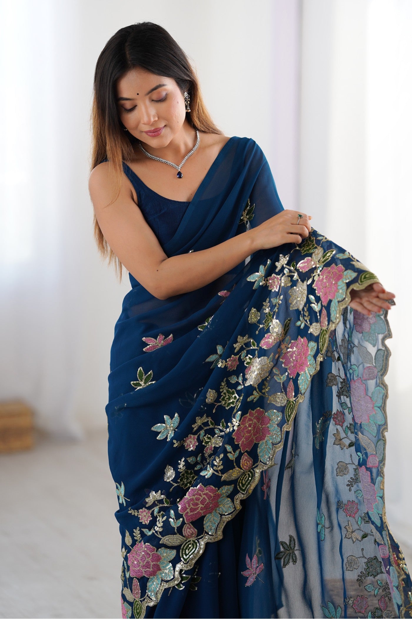 Buy MySilkLove Resolution Blue Georgette Partwaer Saree Online