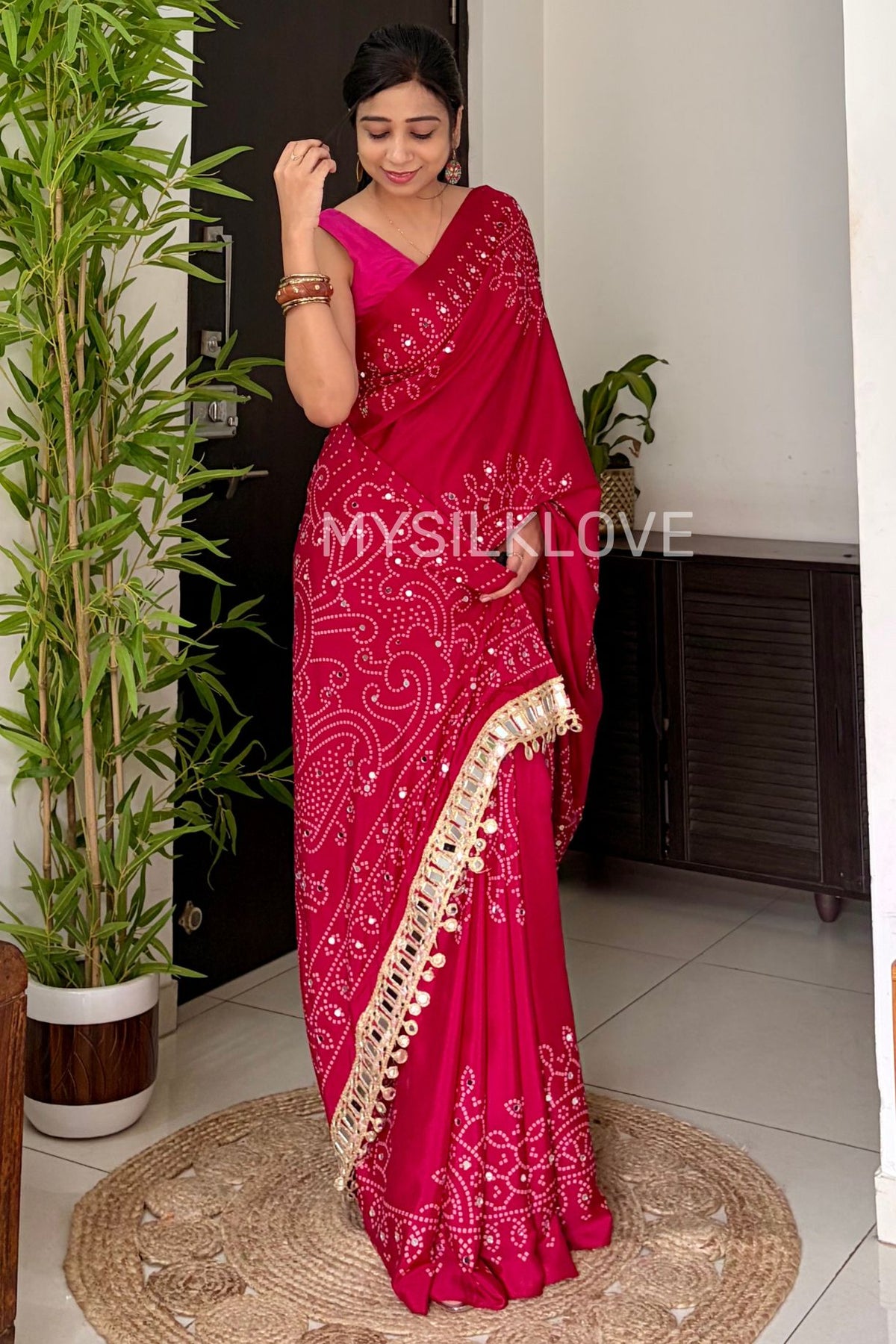 Buy MySilkLove Punch Pink Bandhani Gaji Satin Mirror Work Silk Crepe Saree Online