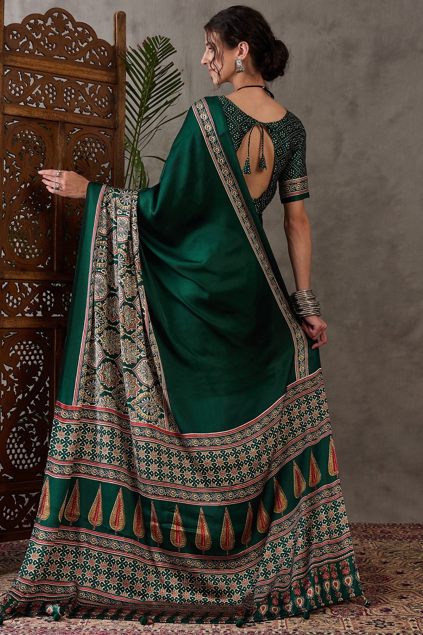 Buy MySilkLove Fern Green Printed Satin Gaji Silk Saree Online