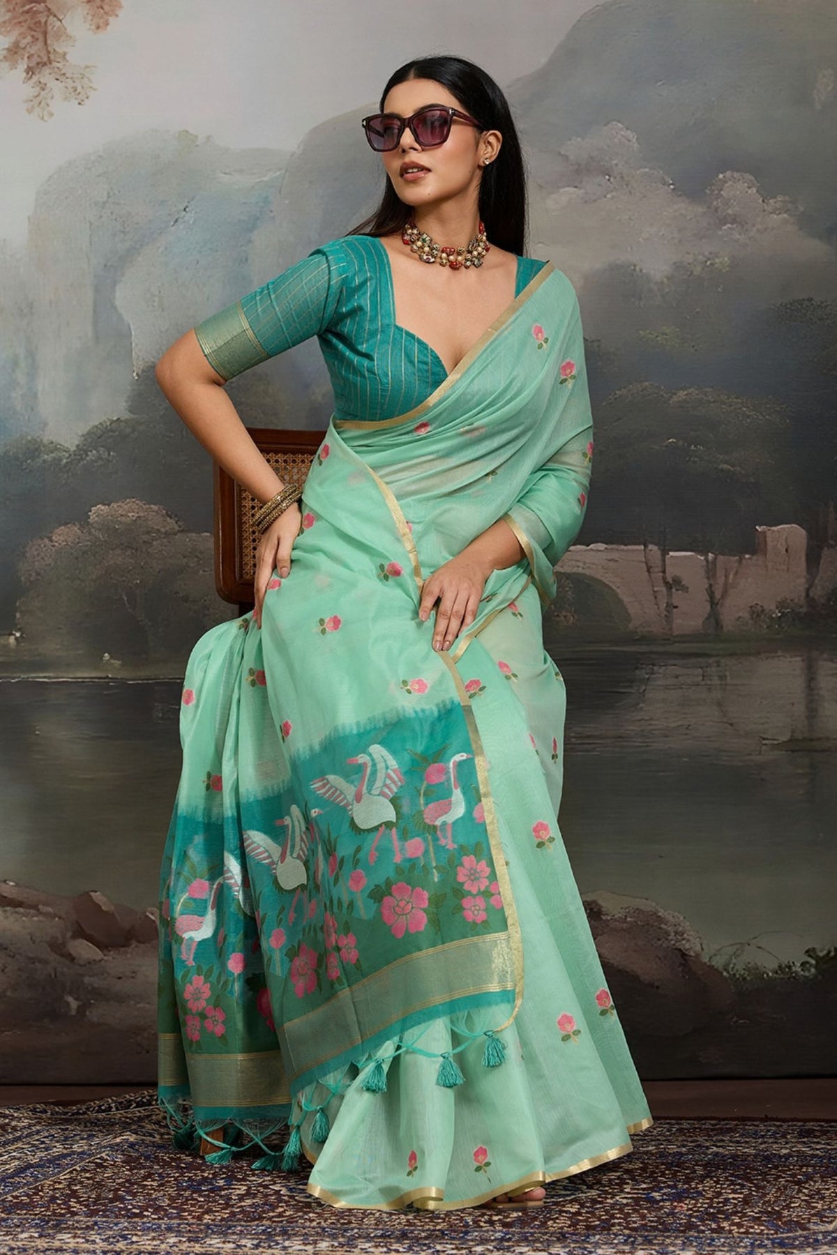 Buy MySilkLove Gardenia Green Cotton Handloom Swan Saree Online