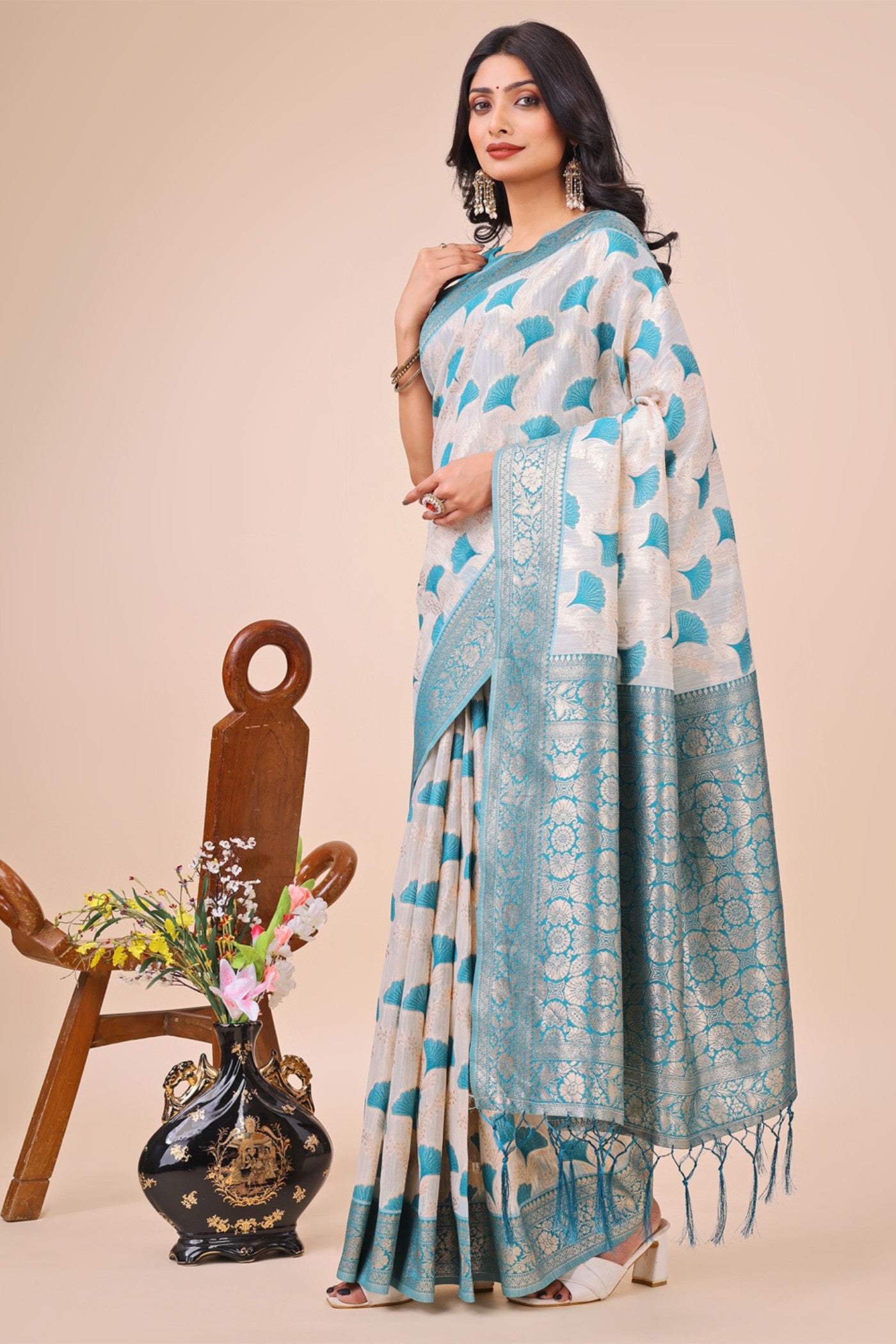 Buy MySilkLove Rice White and Blue Linen Cotton Saree Online