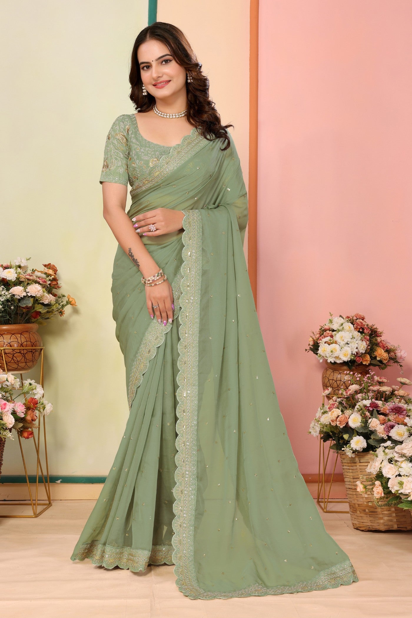 Buy MySilkLove Chartreuse Green Organza Designer Partywear Saree Online