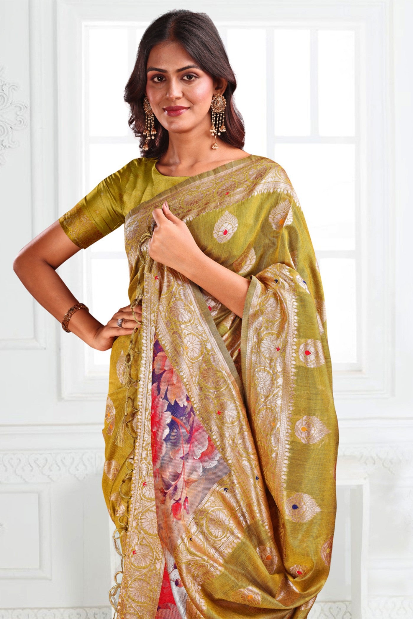 Buy MySilkLove Mhendi Green Woven Linen Cotton Saree Online