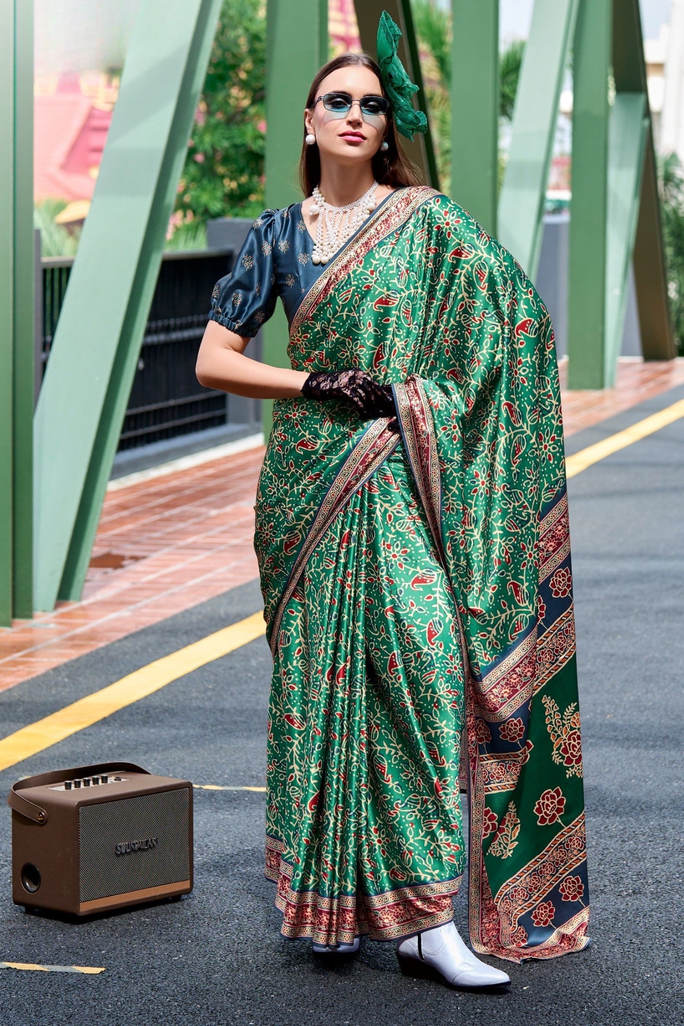 Buy MySilkLove Hunter Green Ajrakh Printed Satin Crepe Silk Saree Online