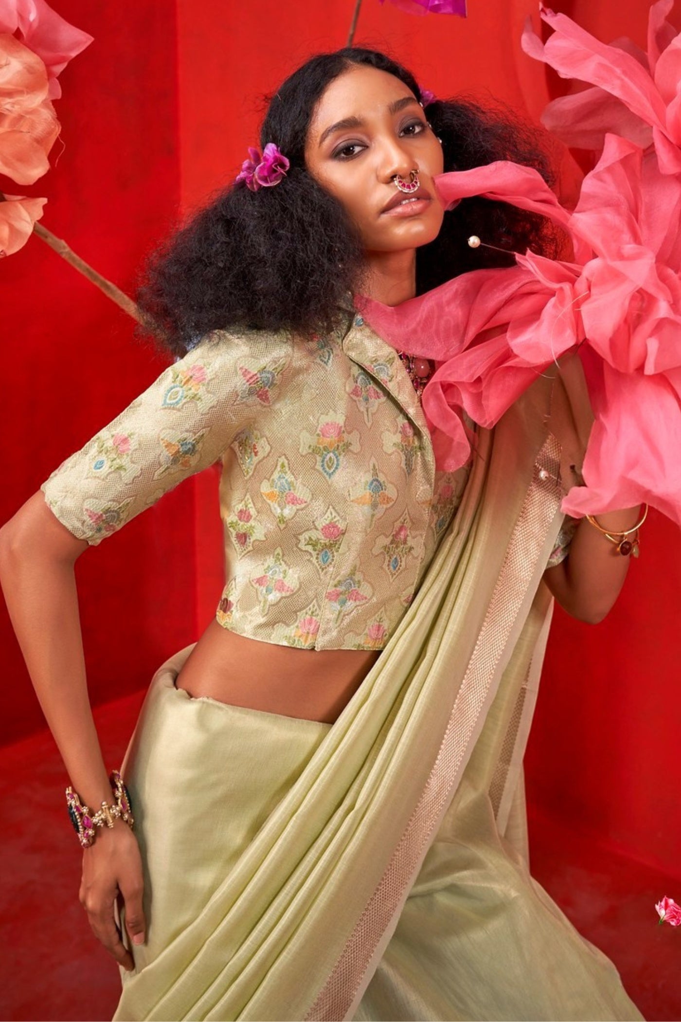 Buy MySilkLove Pastel Green Tissue Handloom Saree Online
