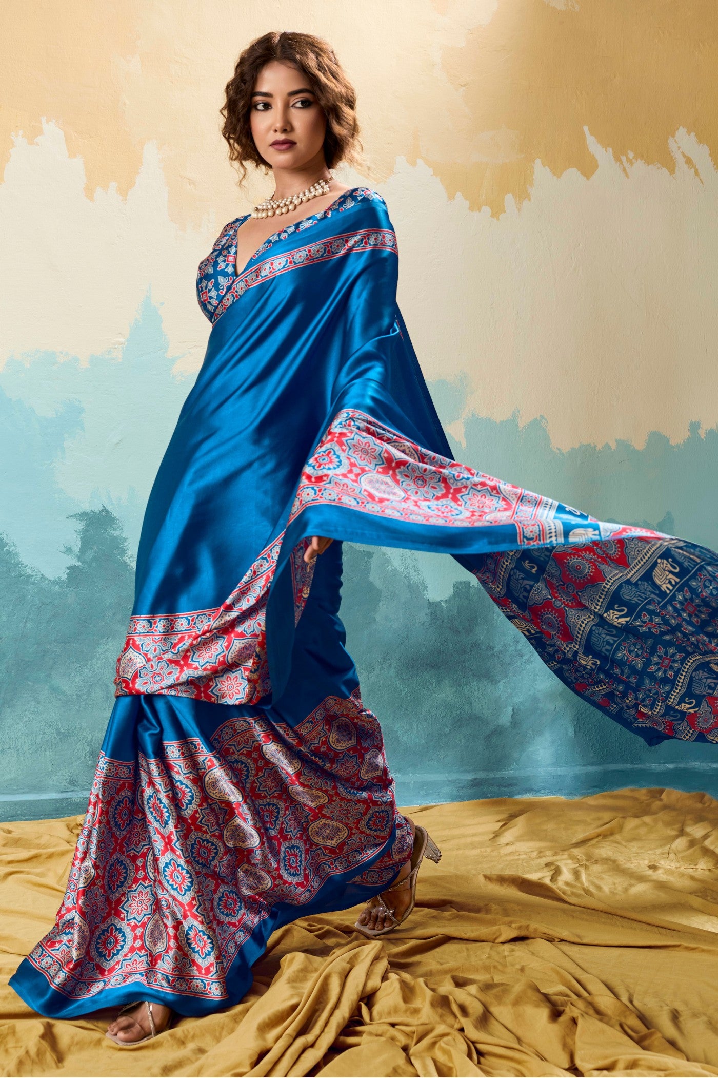Buy MySilkLove Force Blue Modal Ajrakh Satin Printed Silk Saree Online