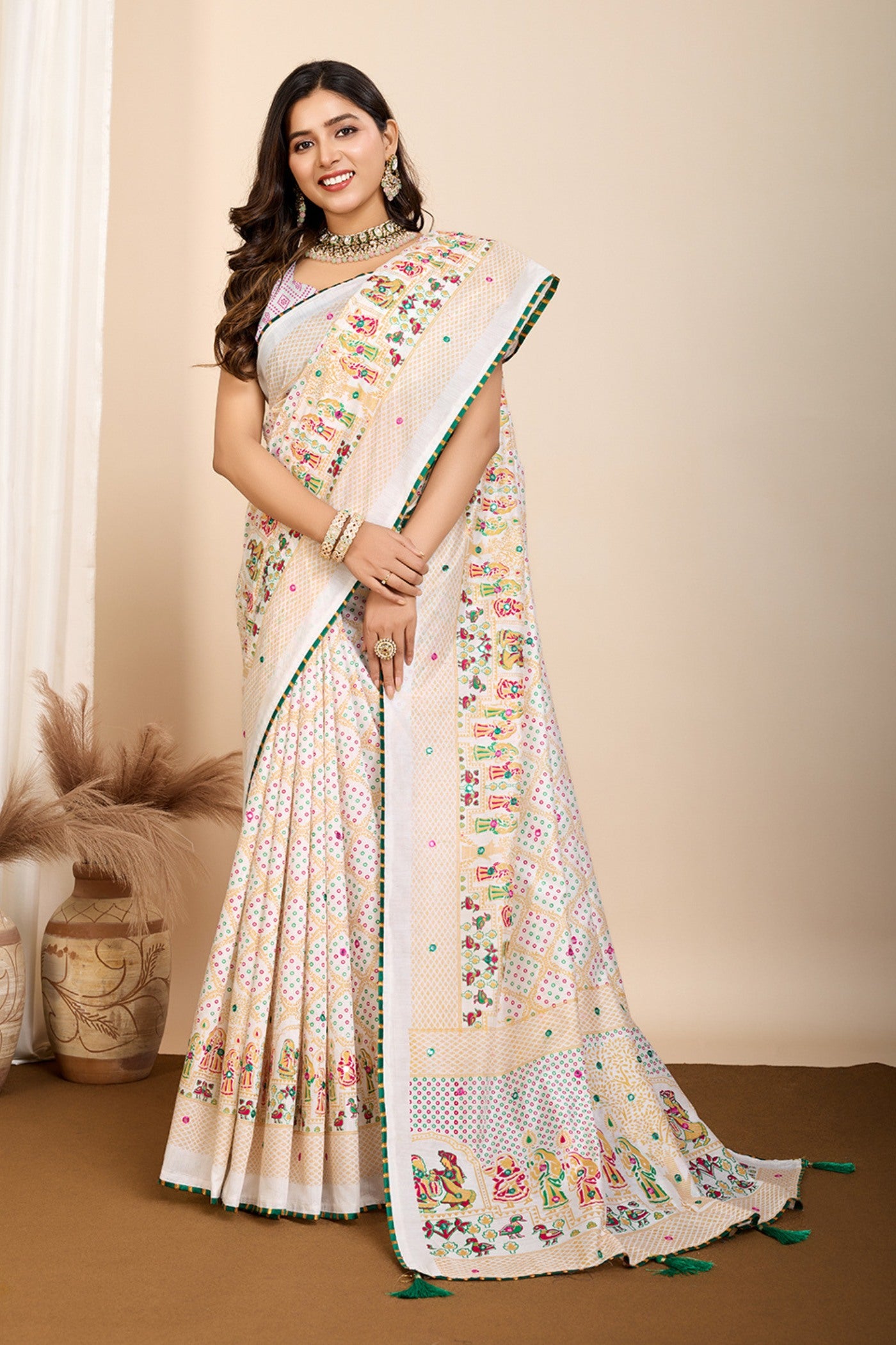 Buy MySilkLove Powder White Printed Cotton Saree Online