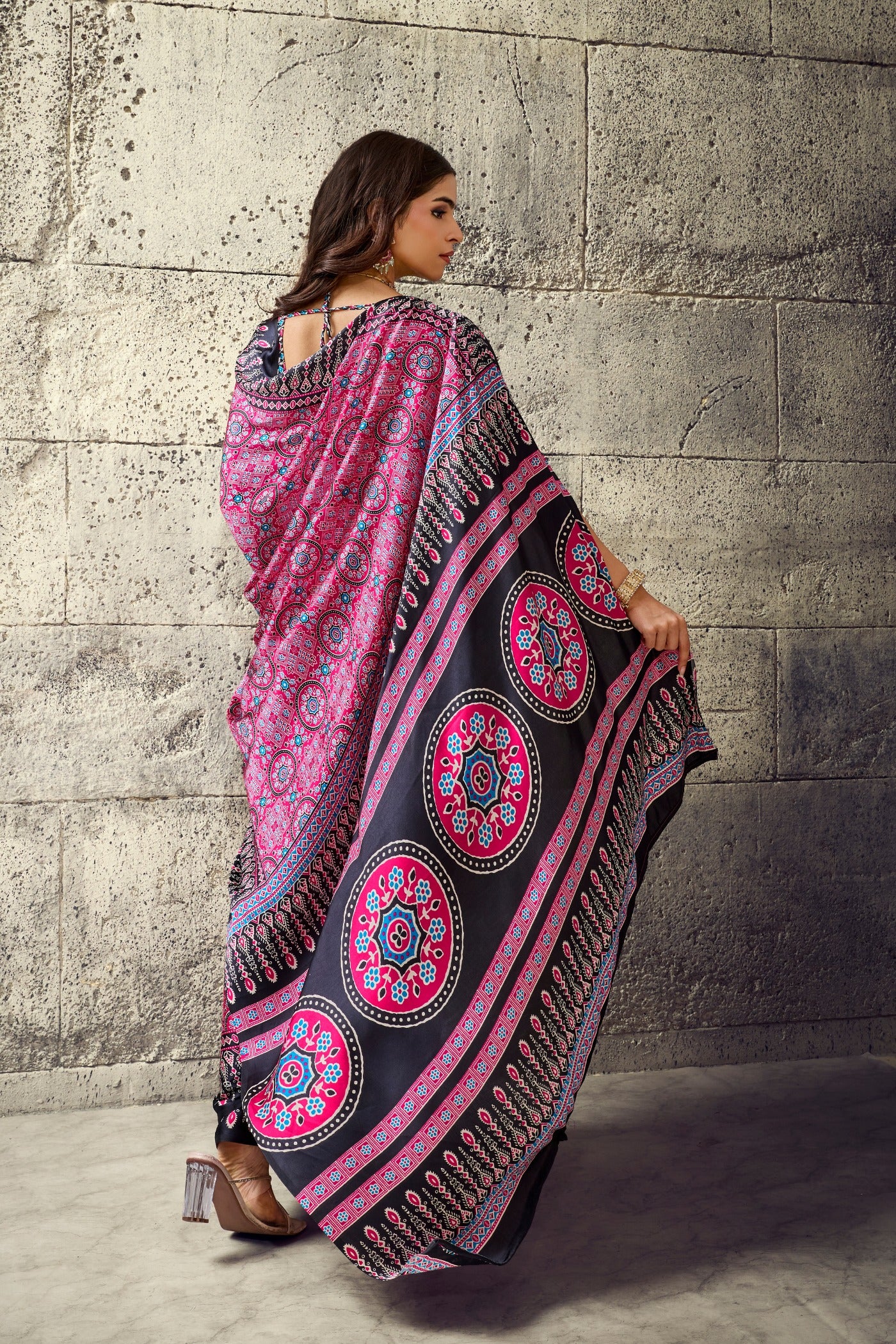 Buy MySilkLove Magenta Pink Modal Ajrakh Satin Printed Silk Saree Online