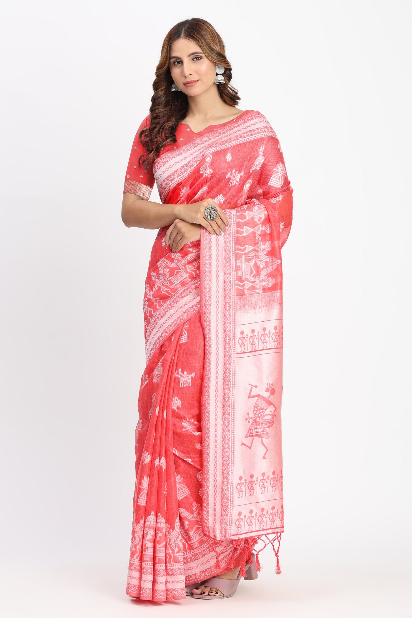 Buy MySilkLove Basin Peach Woven Linen Cotton Saree Online