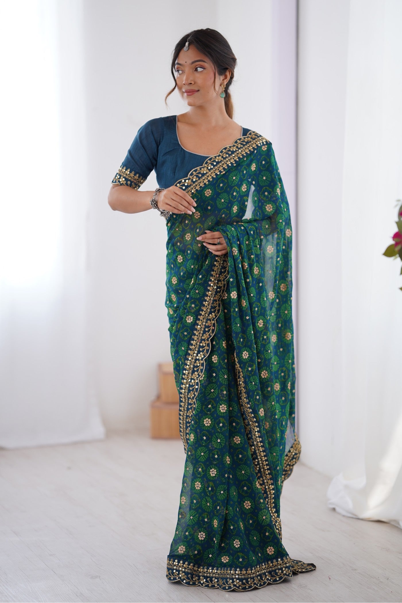 Buy MySilkLove Peacock Blue Embroidery Georgette saree Online