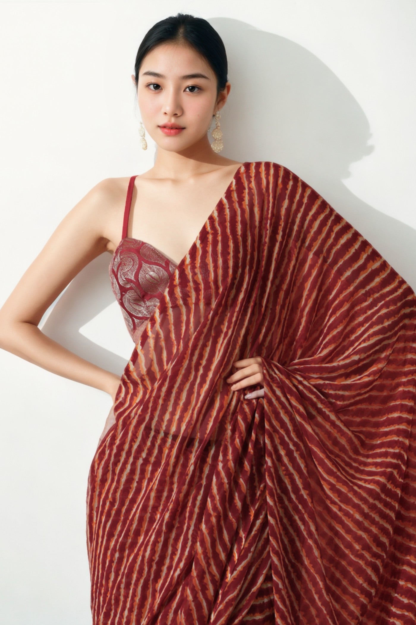 MySilkLove Mocca Maroon Marbel Chiffon Ready To Wear Saree