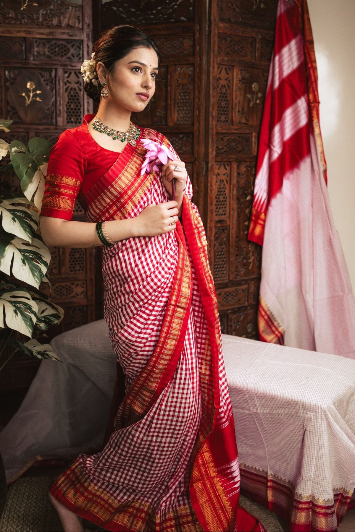 Buy MySilkLove Scarlet Red Checks Pattern Pure Silk Irkal Saree Online