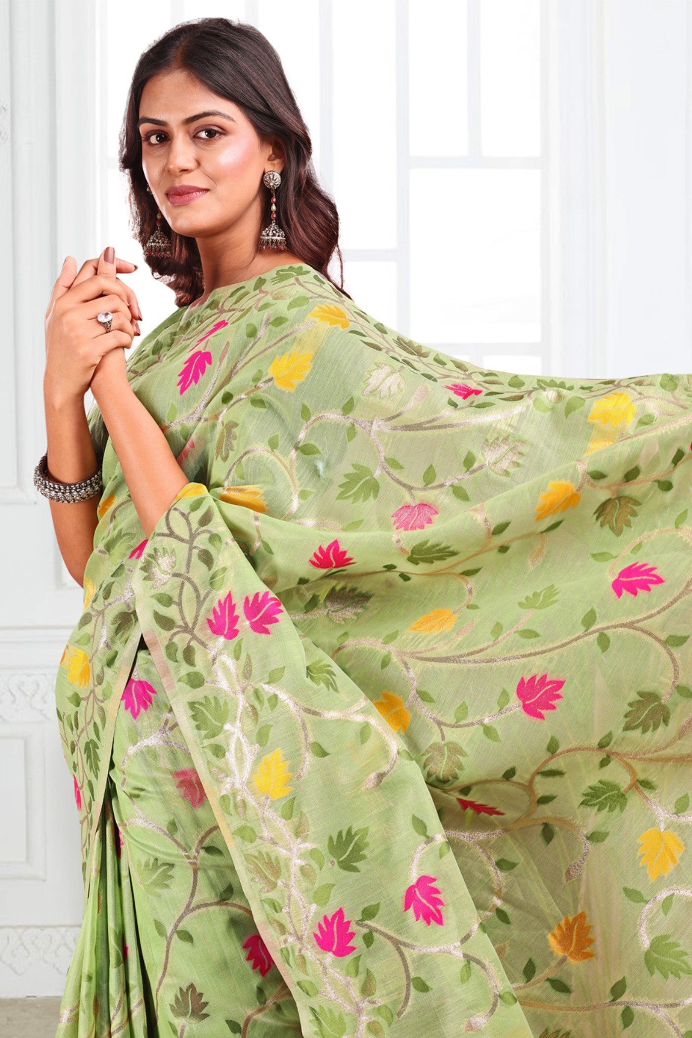 Buy MySilkLove Light Green Woven Linen Cotton Saree Online