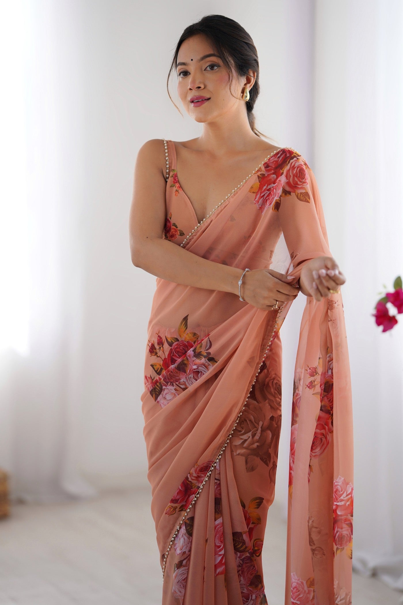 MySilkLove Gerbera Peach Printed Georgette Saree